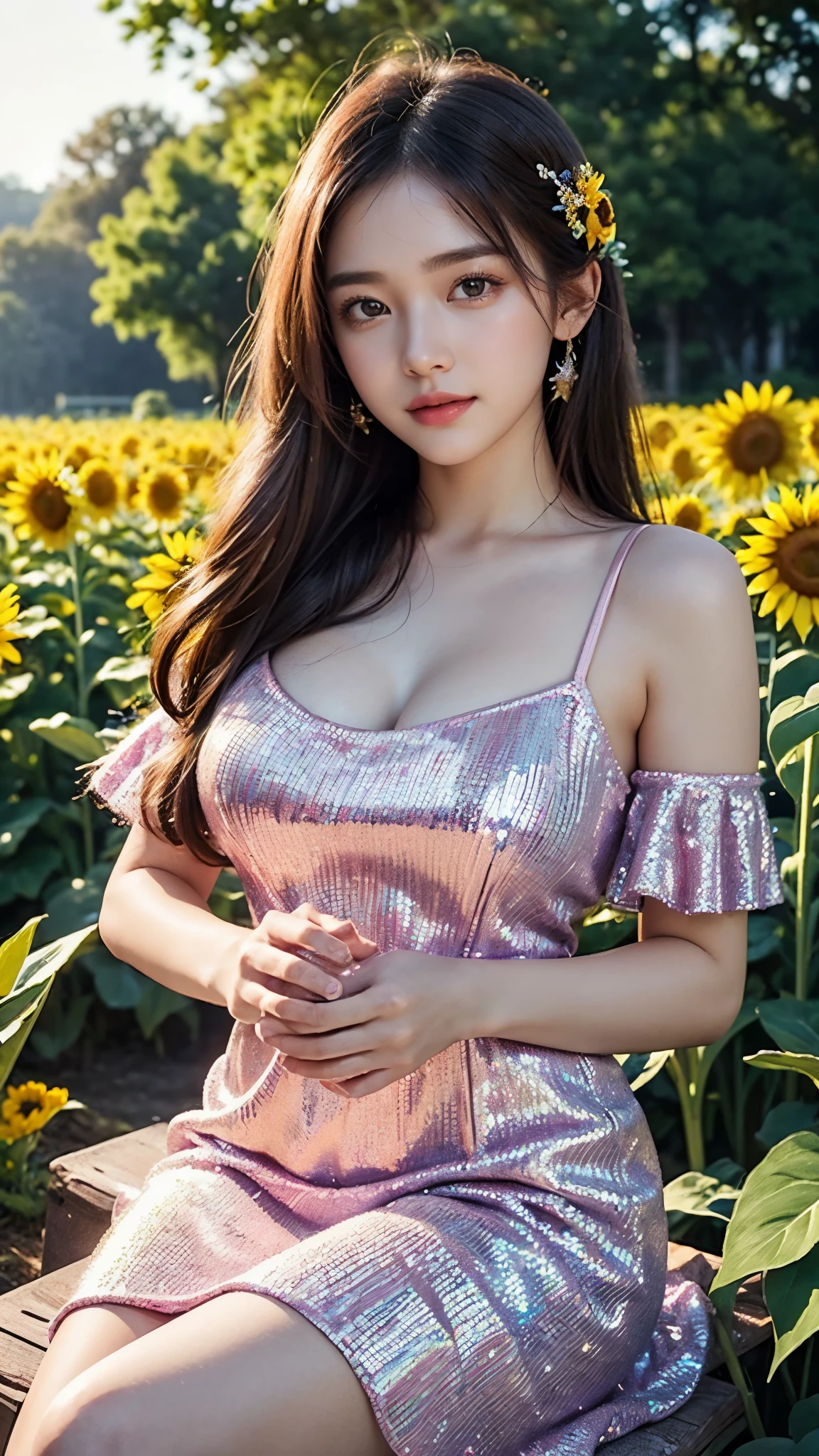 20 years beautiful Girl, korean Girl, 64K, (masterpiece: 1.4), ((Cosmic Glitter Knit- Pink Fabricc frock dress)), ((Fabric has a glitter lurex detail which shines and sparkles)), nature background, beautiful smile, (smile: 1.2), detailed background, detailed dress, ultra HD image quality, ((sitting On tall grass which is middle of sun flower plants fields)), Many sun flower plants, many flowers, every where sun flower plants, sunflowers bunch in hand, 8D , CG unity 8k wallpaper, perfect figure, Young Girl, Beautiful Nature, High resolution Dress Quality, high resolution Face, Hd, Ultra HD, ((Realistic:1.2)), Ultra Realistic, Young Round breasts, Tempting Figure, Very Soft skin, Very Cute face, worlds most beautiful girl, Detailed Dress, Detailed face, Detailed body, Detailed hair, Detailed Background, Award-winning Photography, ((Ray Tracing: 1.2))