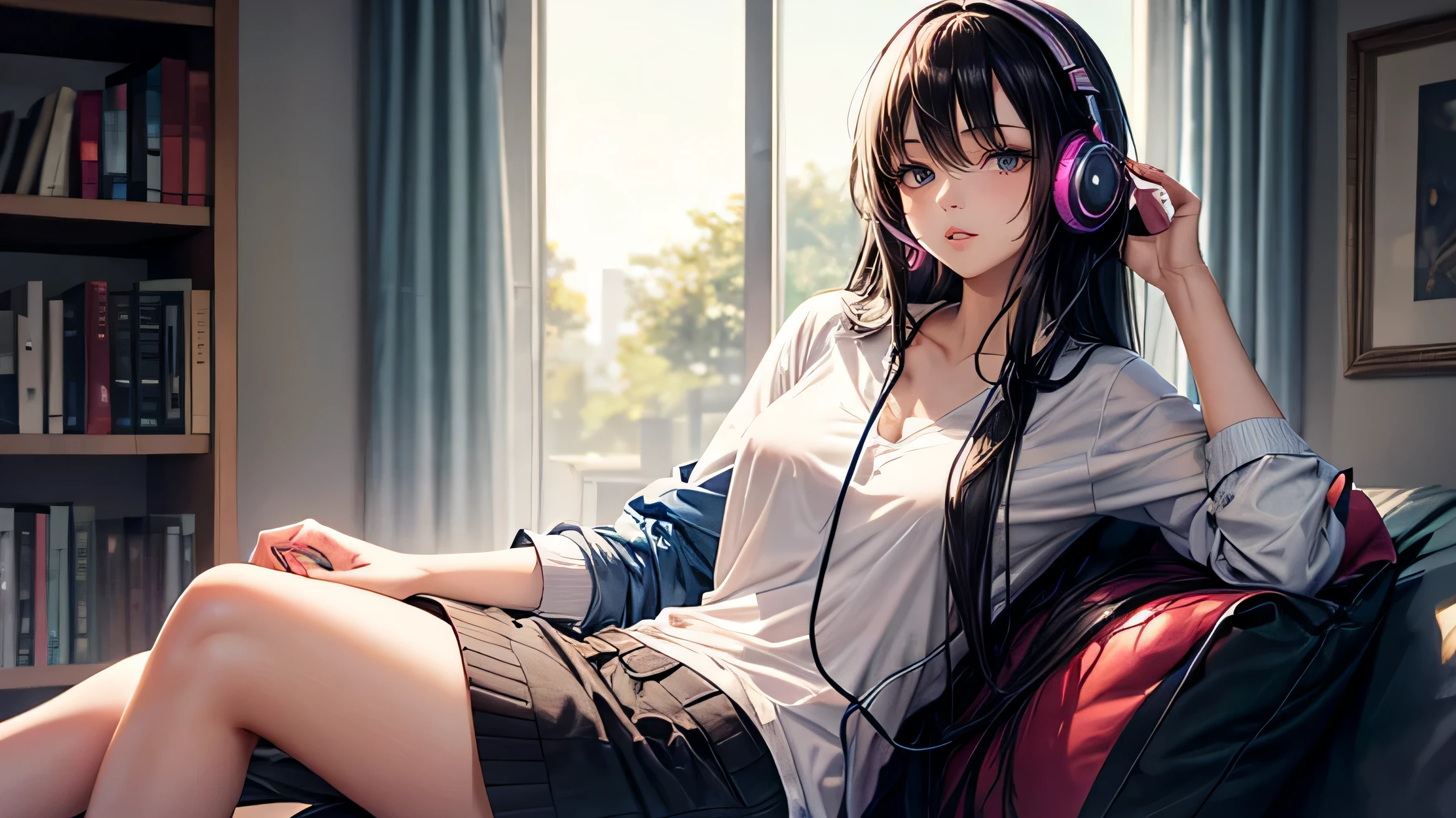 Relaxing Woman Oversized shirt Black Hair Long Hair Wearing headphones