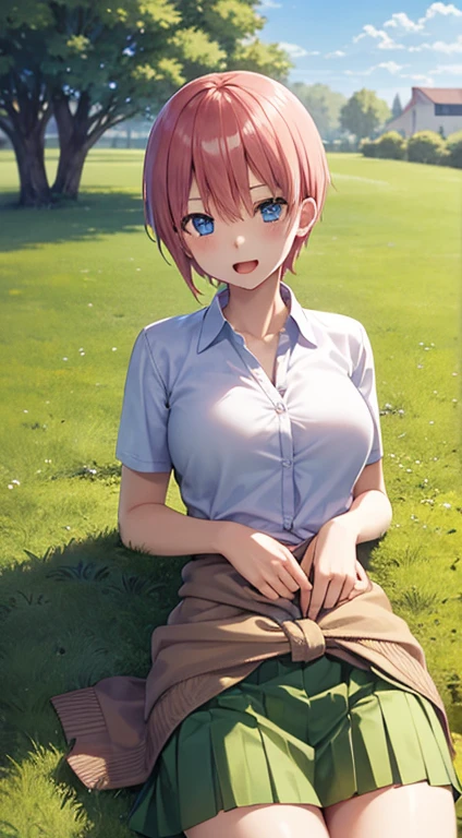 2d, masterpiece, best quality, anime, highly detailed, 1girl, solo, cowboy shot, nakano ichika, pink hair, short hair, cardigan around waist, lying down on grass, :o, hands on chest, collared shirt, green skirt, miniskirt, medium breasts, school, outdoors, smile