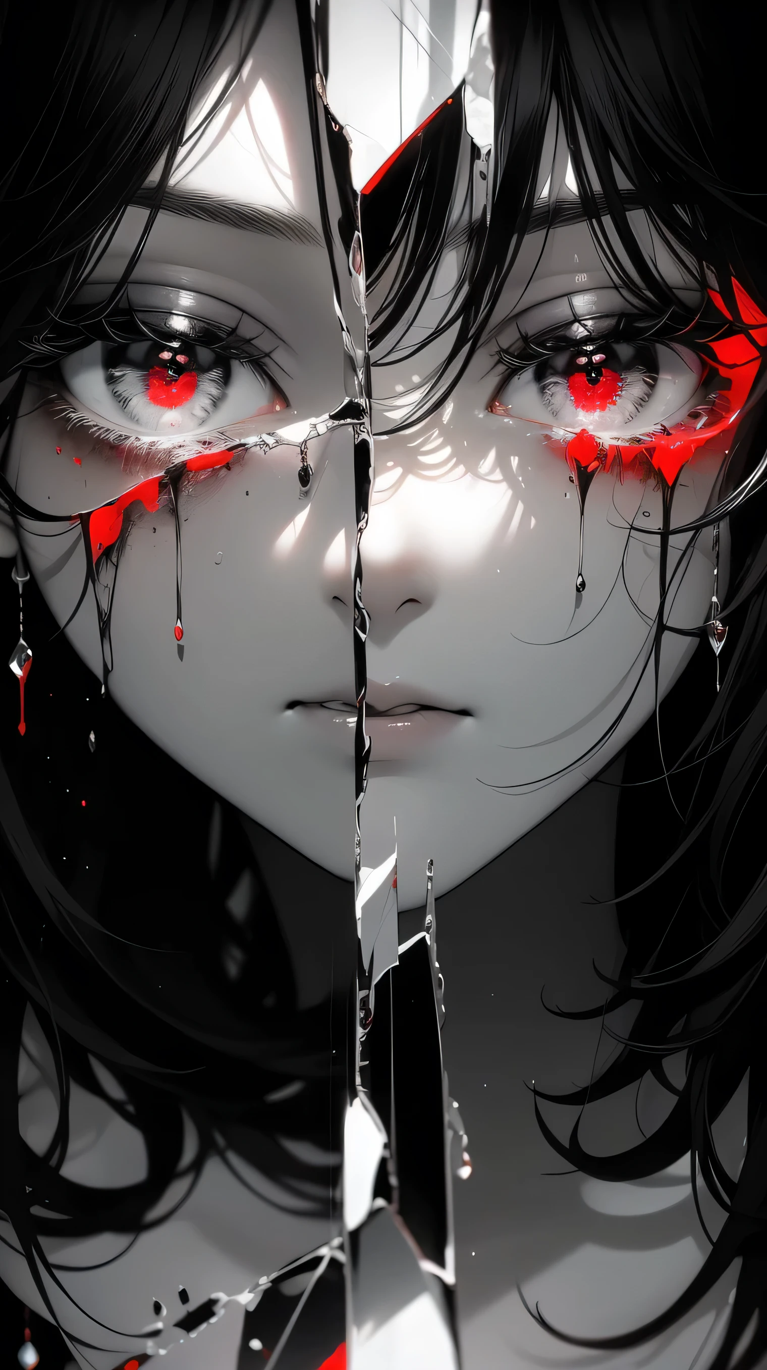 black andwhite,Absolutely beautiful woman,Bust,Broken mirror,Black and white splitting,Red tears,Black and white painting,Broken,sublevel,Black and white,Eroded by darkness and light,symmetry