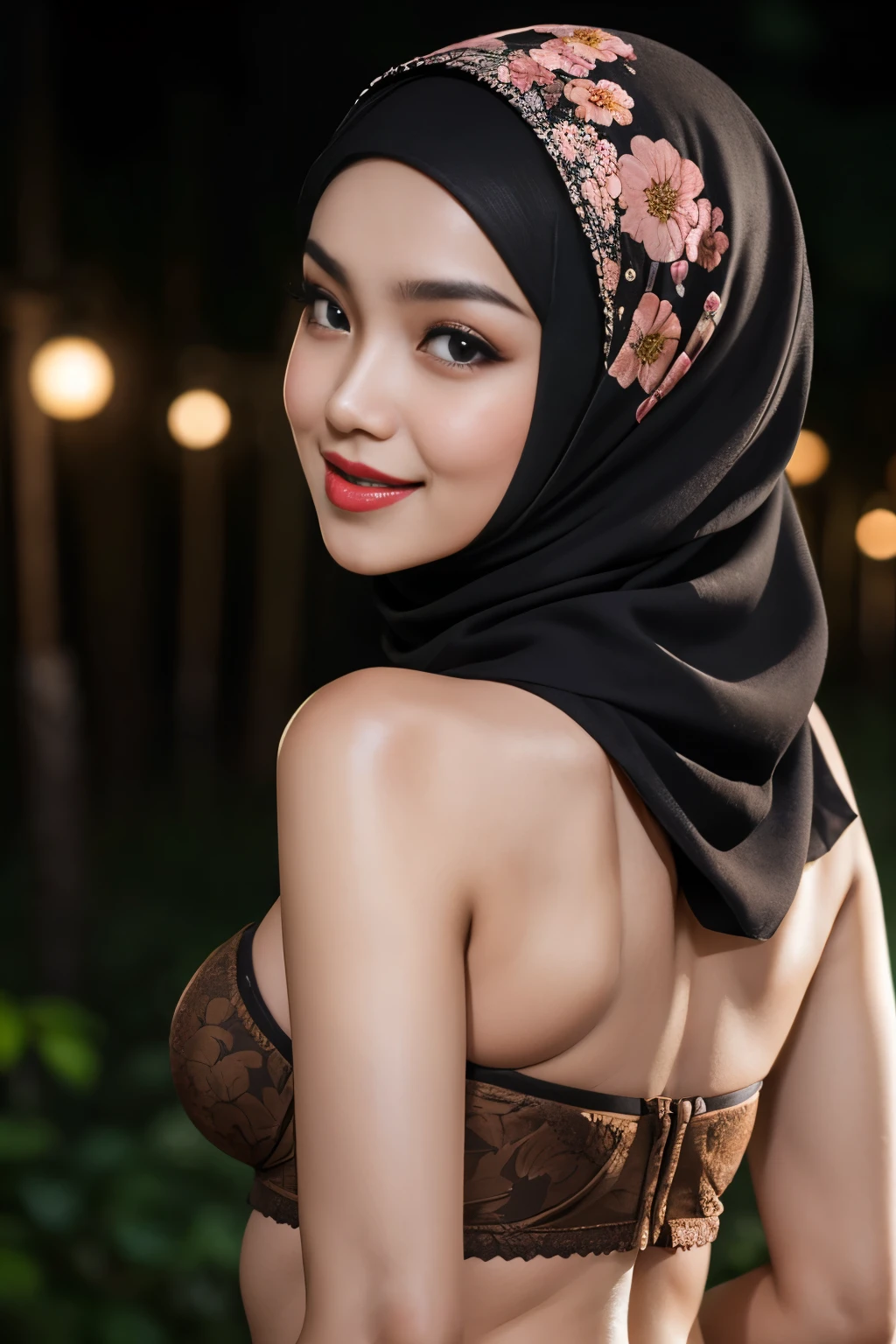 (Happy smile), (((HIJAB MALAY GIRL))), masutepiece, High quality, UHD 32K, Realistic face, Realistic skin feeling , A Japanese Lady, 8 years old, , Very cute and baby-like face, (((FLAT CHEST))), (Night time at forest), ((look In front  at the camera and SADNESS)), (((BROWN FLUORESCENT))), (((CUTE GIRL))), ((BROWN FLUORESCENT LIPS)), ((Floral Pattern)) little wearing strapless bra, strapless colorful bra, dark night background , black forest night, horror scary place (from behind up) seductive pose