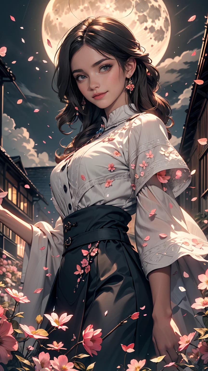 masterpiece, highest quality, One girl, (colorful),(Beautifully detailed eyes and face),cinematic Lighting,Bust Shot,Highly detailed CG Unity 8k wallpaper,Gray Hair,alone,smile,Complex skirt,((Flying petals)),(Flowery meadow) null, cloudy_null, building, moonLight, moon, night, (Dark Theme:1.3), Light, Fantasy,