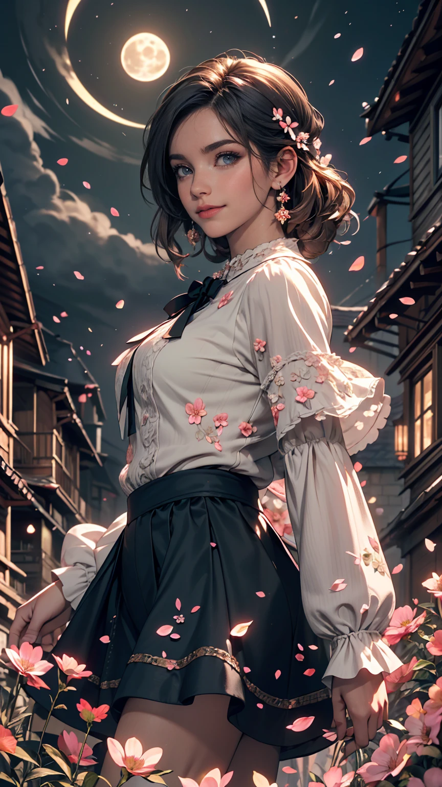 masterpiece, highest quality, One girl, (colorful),(Beautifully detailed eyes and face),cinematic Lighting,Bust Shot,Highly detailed CG Unity 8k wallpaper,Gray Hair,alone,smile,Complex skirt,((Flying petals)),(Flowery meadow) null, cloudy_null, building, moonLight, moon, night, (Dark Theme:1.3), Light, Fantasy,