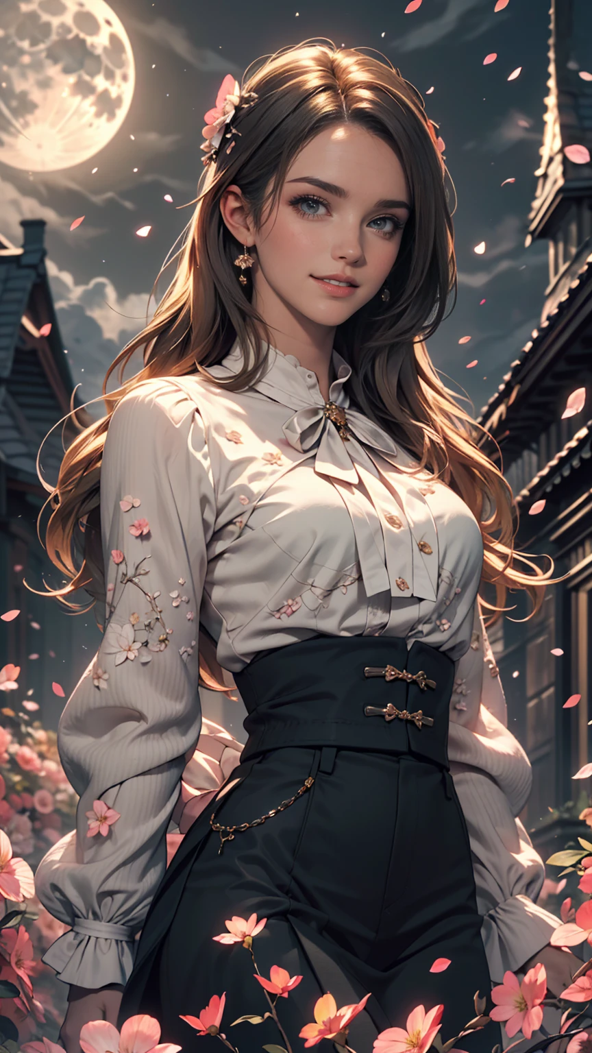 masterpiece, highest quality, One girl, (colorful),(Beautifully detailed eyes and face),cinematic Lighting,Bust Shot,Highly detailed CG Unity 8k wallpaper,Gray Hair,alone,smile,Complex skirt,((Flying petals)),(Flowery meadow) null, cloudy_null, building, moonLight, moon, night, (Dark Theme:1.3), Light, Fantasy,