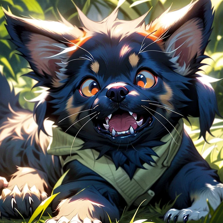 a close up of a dog with its mouth open, kitten puppy teddy mix, drachenlord, sharp teeth, full image, pediophobia, fluffy, !!!!!!!!!!!!!!!!!!!!!!!!!, bad photo, barry chuckle, is evil gremlin, bite, aliased, 'i'm so tired, long claws, shark teeth, havanese dog, mood