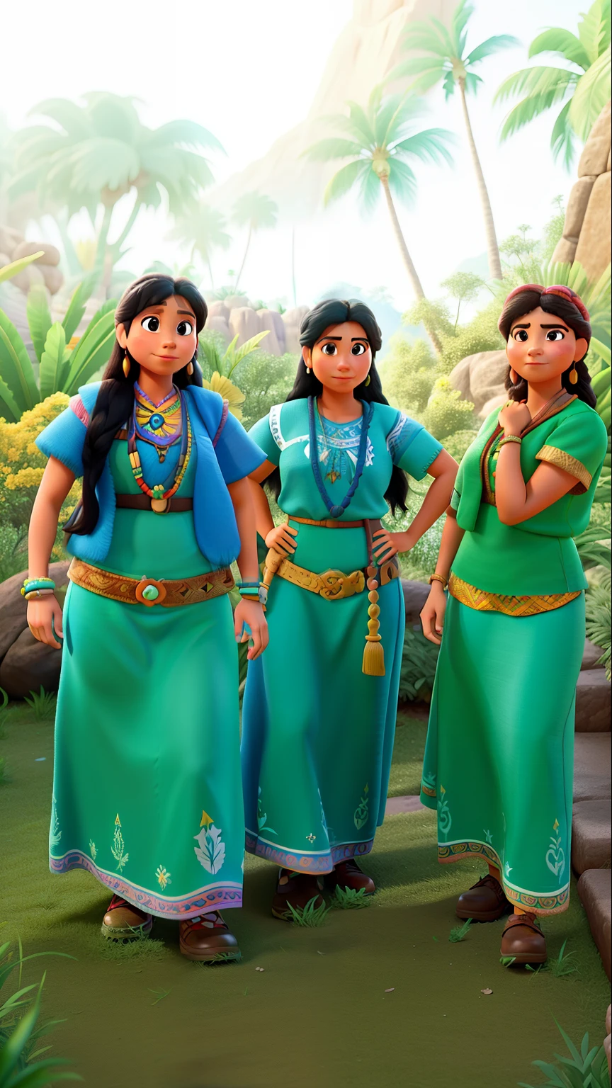 Tres mujeres indigenas al estilo Disney Pixar, alta calidad, mejor calidad, en lugar bonito aire libre