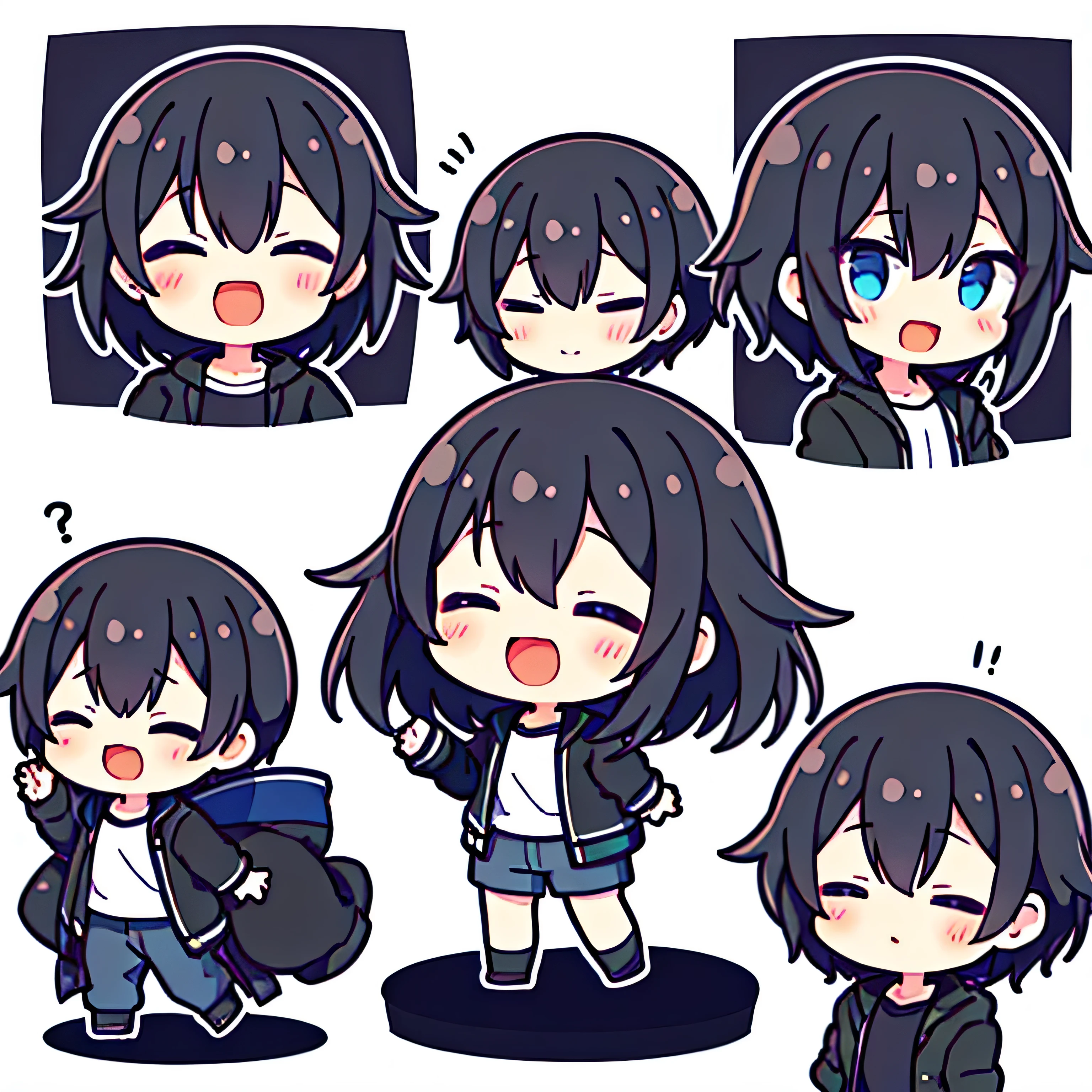 1boy,wearing plain black jacket,stand up,black hair,white background,full body,closed eyes,open mouth,smile,flat expression,flat eyes