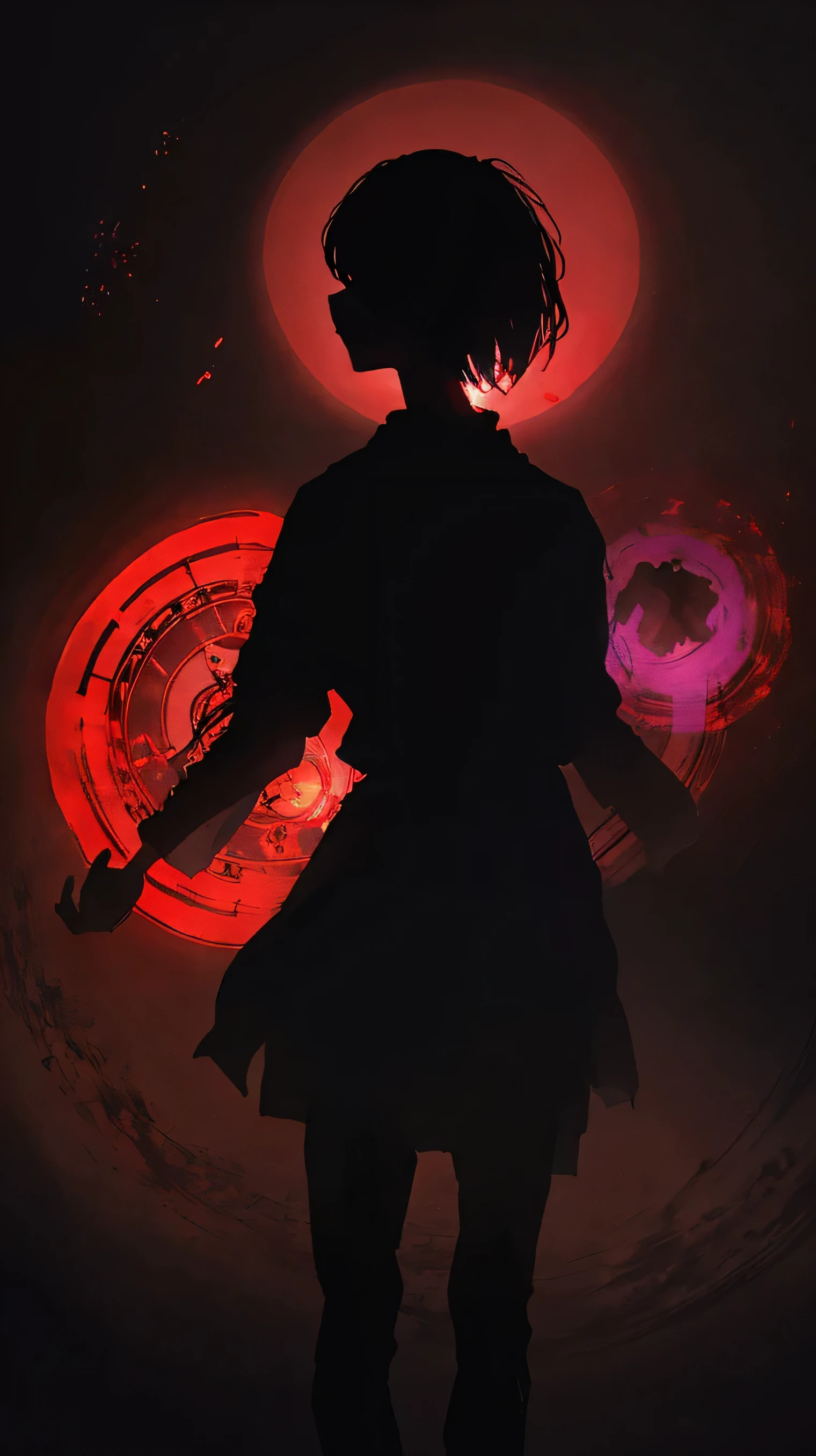 A silhouette in a meditative pose is painted in black, standing out against a bright and colorful background. The chakras are represented as gradient circles, ranging from red at the base to violet at the top, emitting subtle glows. Des motifs abstraits et organiques entourent la silhouette, evoking nature and harmony. The painting captures the balance and inner peace of chakras and yoga in a minimalist and evocative artistic composition...