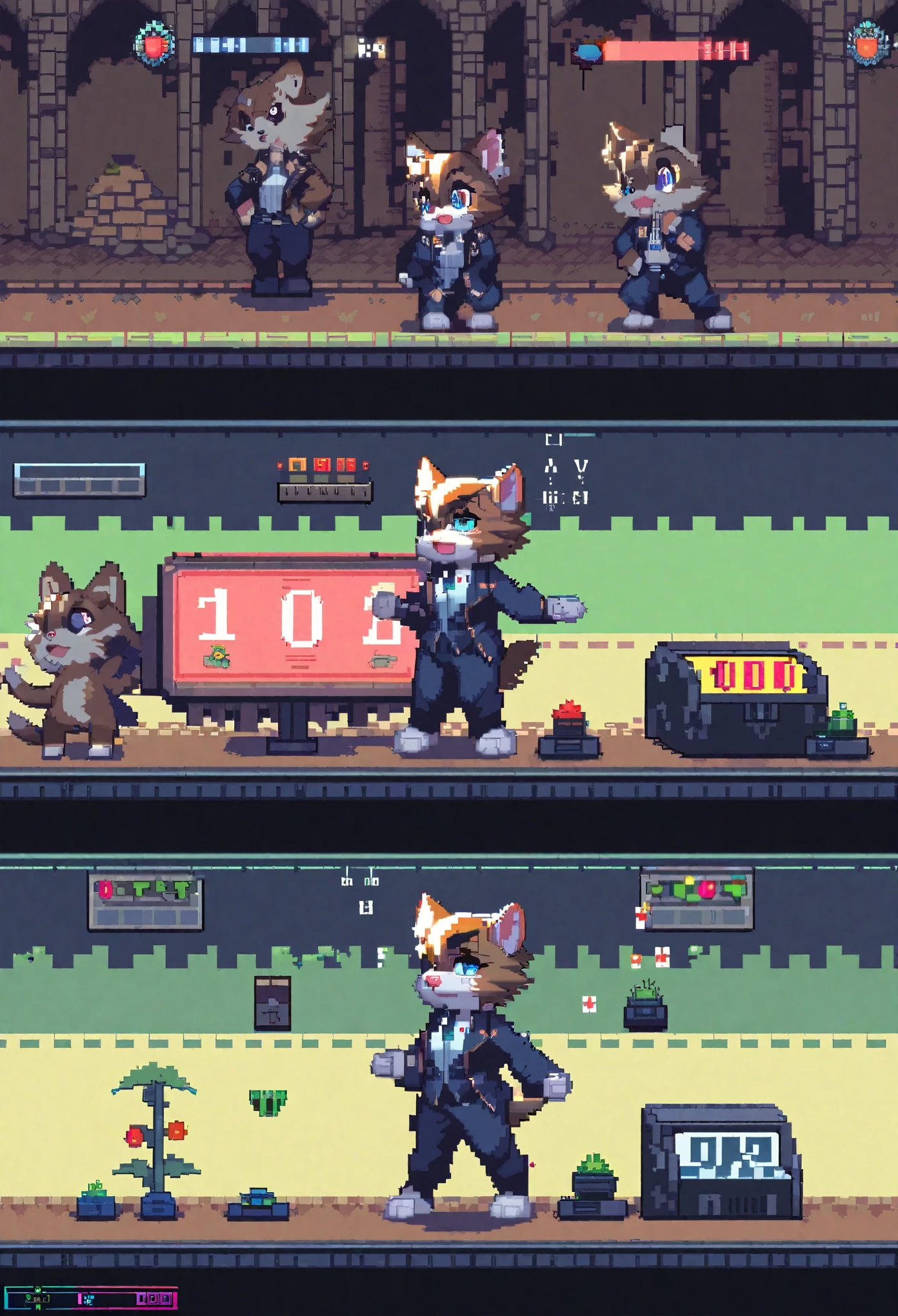 highres, absurdres(highly detailed beautiful face and eyes)perfect anatomy(kemono, furry anthro)(super handsome boy, solo, single)good lighting, cinematic shadow, detailed background, User Interface of Action game, dots game, pixel art, dungeon, Crisis, assorted poses, assorted expression, full body, sound effects, motion blur, from side,
