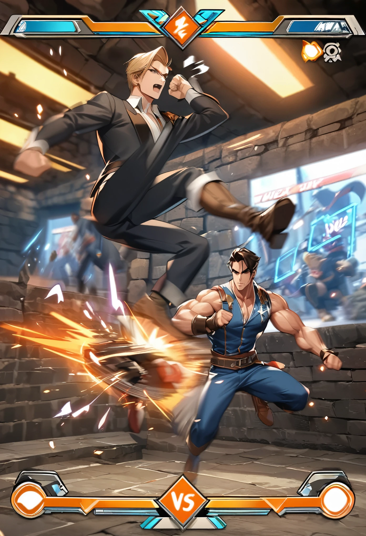highres, absurdres, perfect anatomy(super handsome 2boys, pair)detailed background, User Interface of Fighting game, dungeon, jumping, punch, kick, full body, sound effects, motion blur, “VS”
