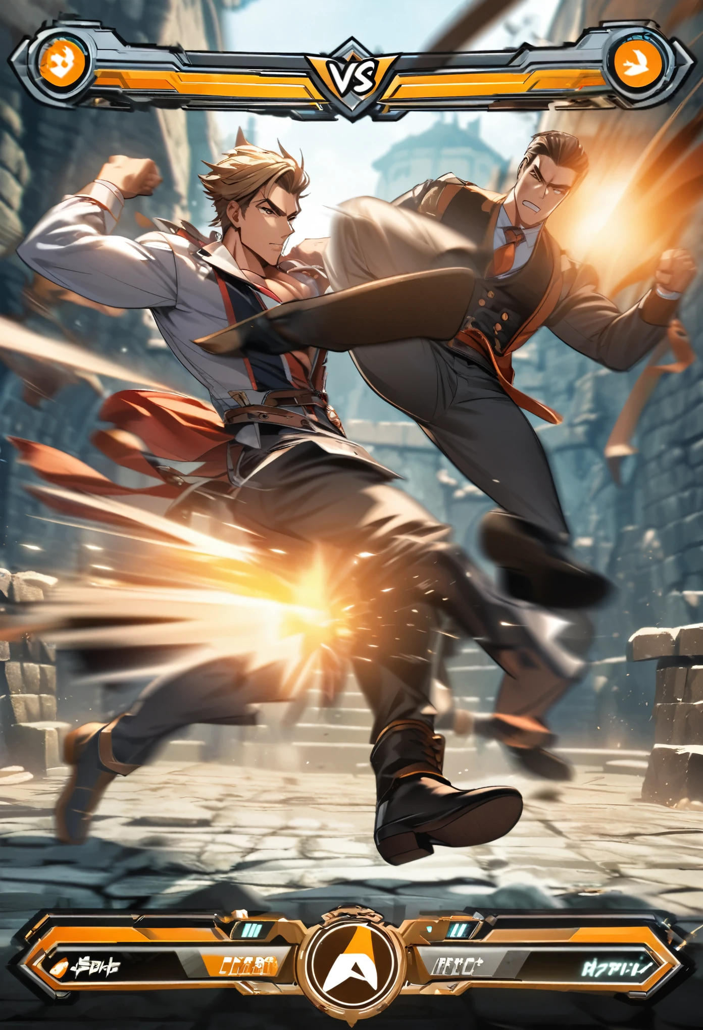 highres, absurdres, perfect anatomy(super handsome 2boys, pair)detailed background, User Interface of Fighting game, dungeon, jumping, punch, kick, full body, sound effects, motion blur, “VS”