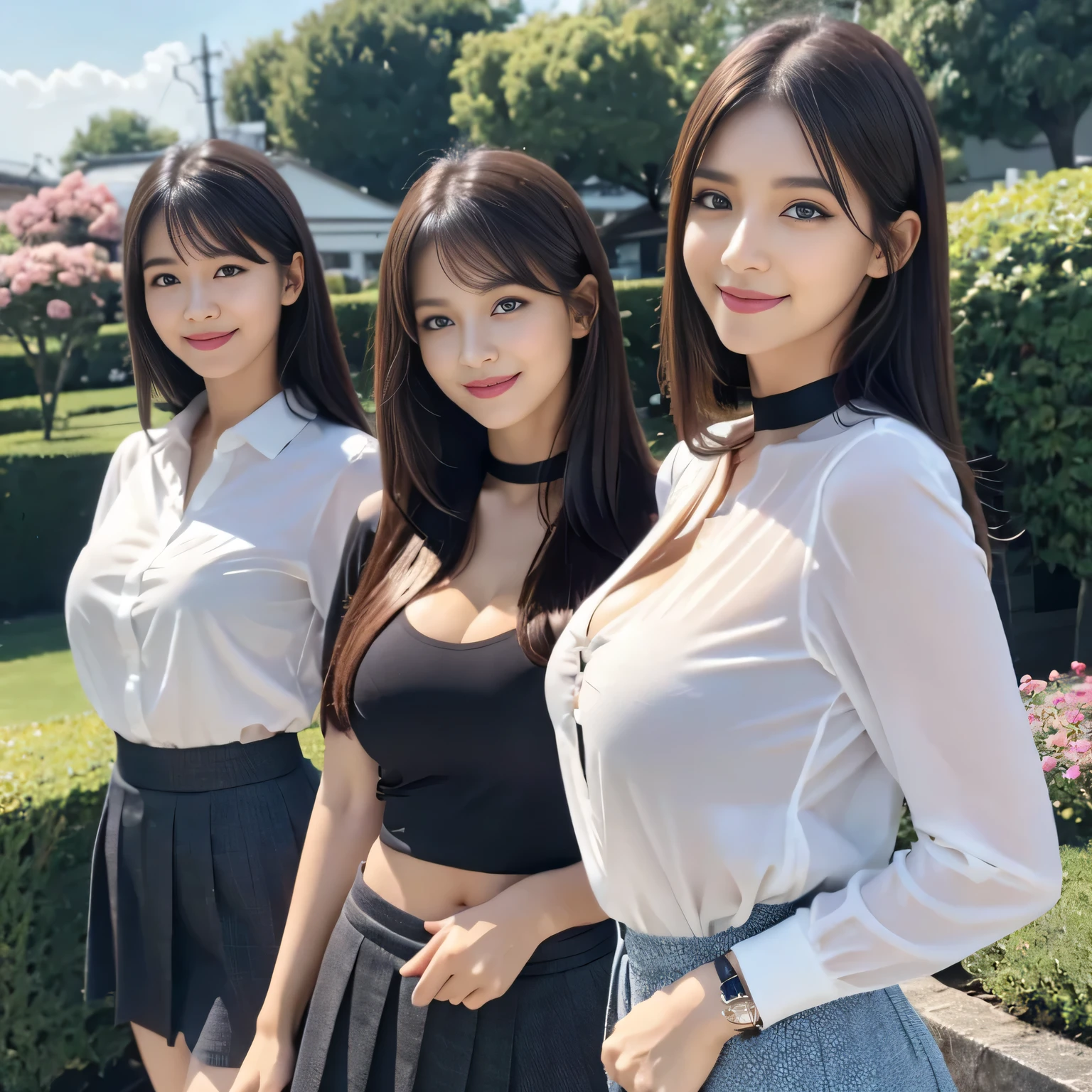 Group photo, Group photo, Very beautiful women, Highly detailed eyes, Highly detailed face,  Sexy and highly detailed lips, Super detailed everything, Attractive woman, Black Choker, blue eyes, Very long eyelashes, bangs, Big Breasts, ((smile)), highest quality, masterpiece, ((Slim face)), Japanese actress, servant, ((High nose)), ((Tight shirt、See-through shirt)), Happy atmosphere, Fun smile,, mini skirt, garden