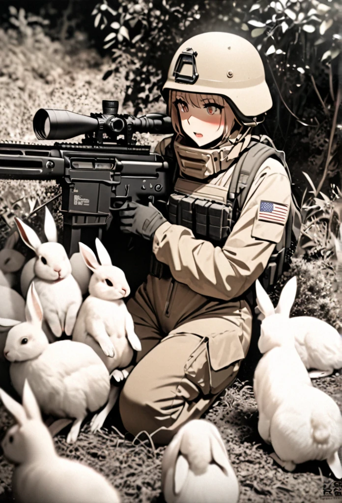 High quality, high definition, high precision images,8k Full HD.1 girl.America,army Modern soldier,Hide in the bushes and assume a sniper position,sniper rifle,Put on a helmet,(camouflage) (Lying on the ground).(Full face camouflage makeup),Covering the body in a giri suit.A flock of rabbits