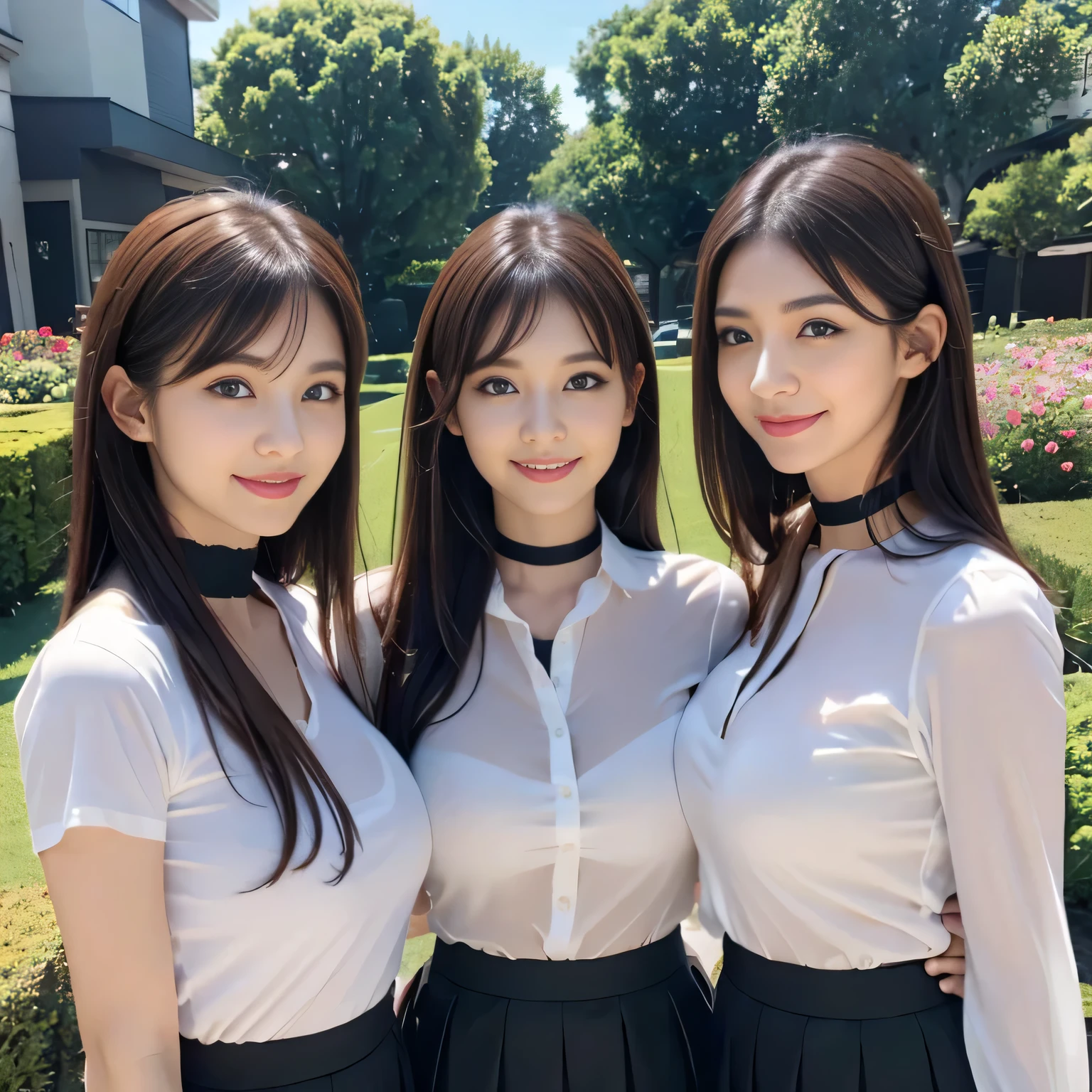 Group photo, Group photo, Very beautiful women, Highly detailed eyes, Highly detailed face, Sexy and highly detailed lips, Super detailed everything, Attractive woman, Black Choker, blue eyes, Very long eyelashes, bangs, Big Breasts, ((smile)), highest quality, masterpiece, ((Slim face)), Japanese actress, servant, ((High nose)), ((Tight shirt、See-through shirt)), Happy atmosphere, Fun smile,, mini skirt, garden