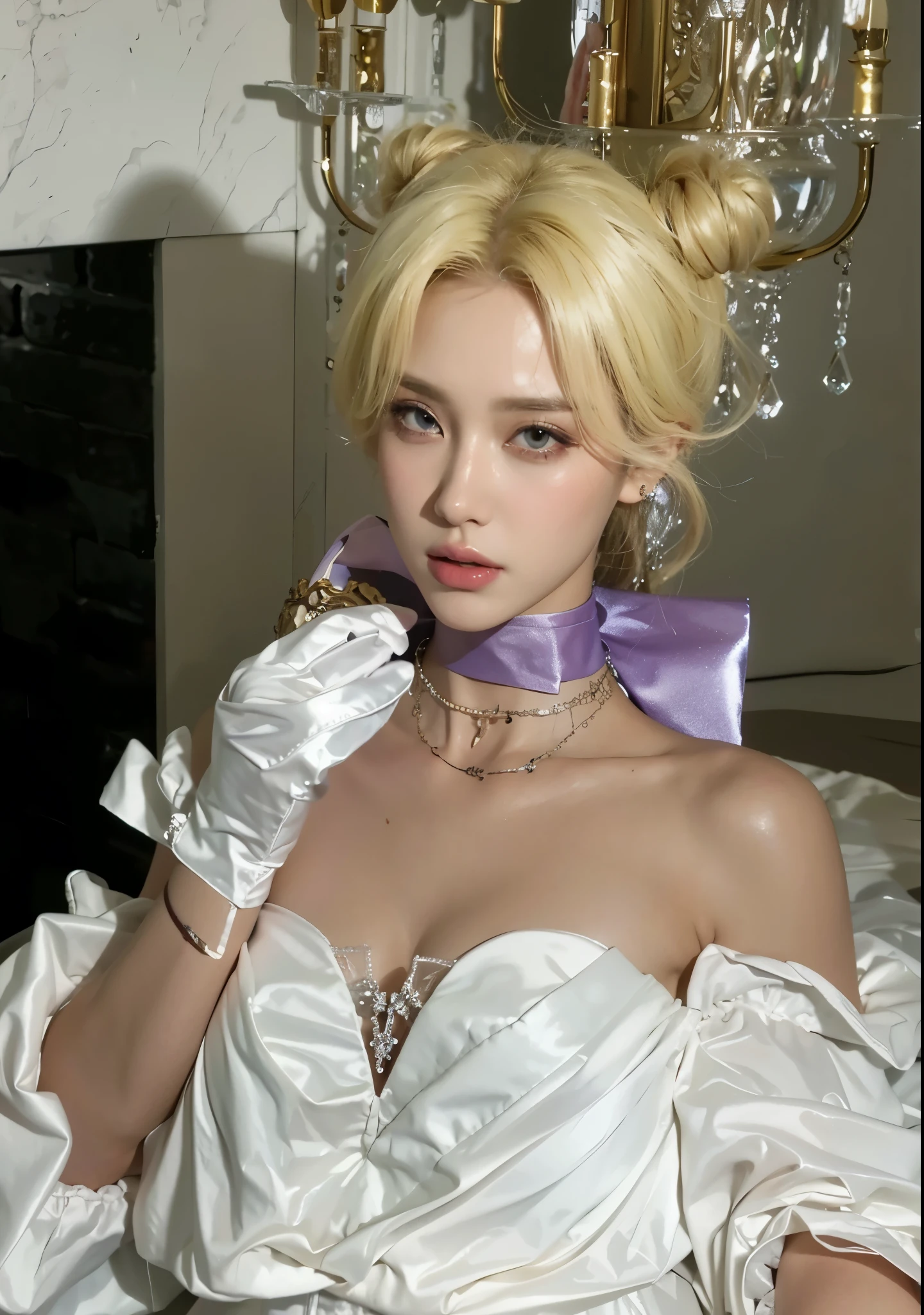 Game Art，Cg animation，Best image quality，Maximum resolution，8k，(A half-length photo)，(portrait)，(Head close-up)，(Rule of Thirds)，Unreal Engine 5 rendering works，20 year old girl，((Queen))，The eyes are very detailed，(Large Breasts)，Elegance and nobility，Movie Lighting，Ray Tracing，Game CG，((3D Unreal Engine))，OC rendering reflection pattern，4K，Ultra-clear，Translucent lace，Fair and plump figure，Pretty Face，Glossy Gel Coat，身着华贵礼服的Queen，Necklace jewelry，intricate tattoo designs，The tattoo is very delicate，戴白色hand套，hand(Redraw 0.8)