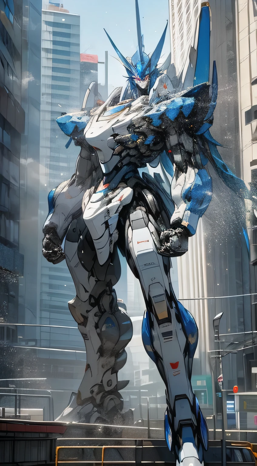 blue, white line, Humanoid robot, (((A pair of boosters))),Town, null, Holding_arms, no_human, Shine, Shine_Lapis Lazuli Particles, robot, building, Shine_eye, Mecha, science_fiction, city, Realistic,Mecha, (((sharp_body))), Large robot, 20 Meters