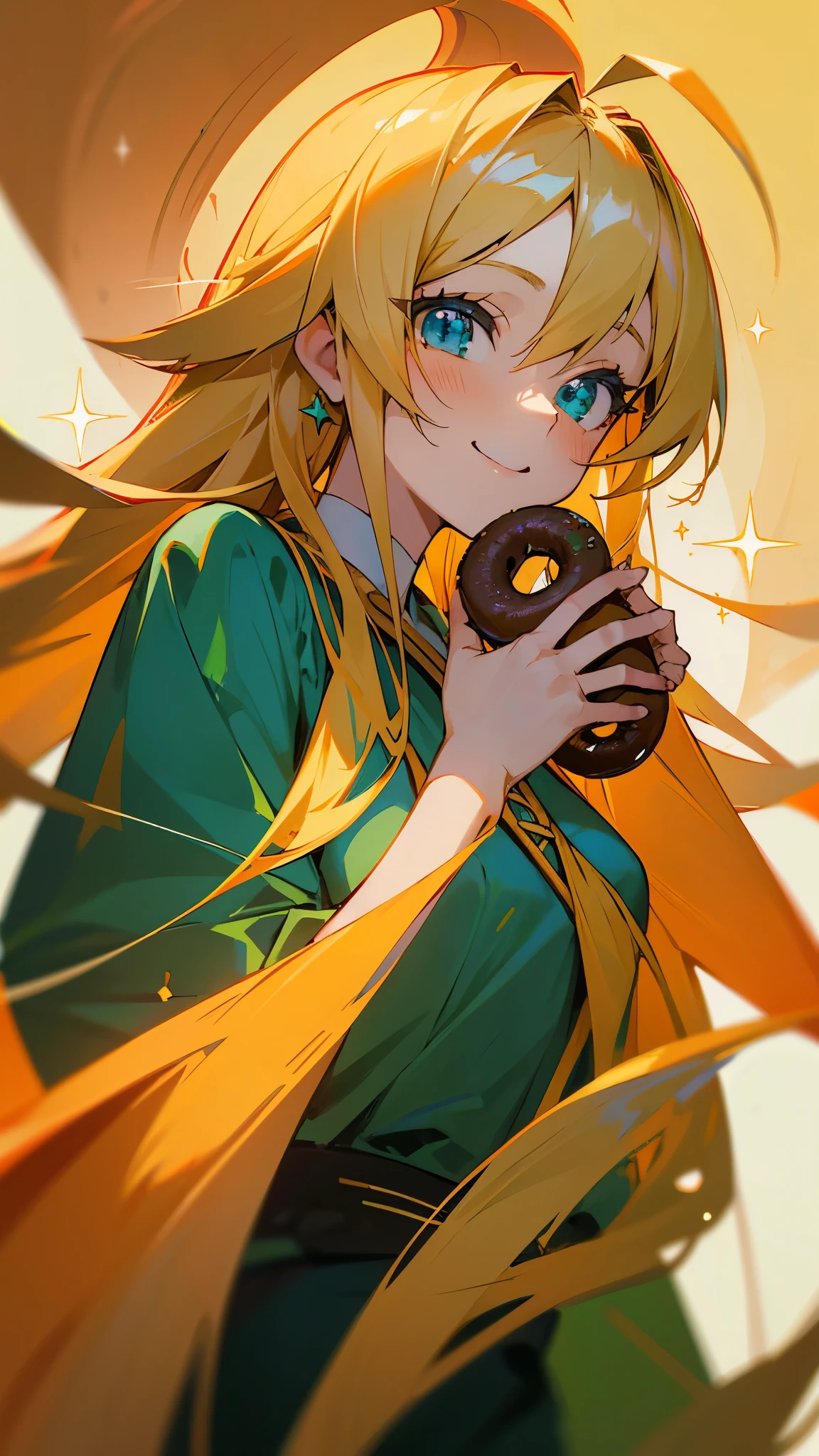 Anime-style paintings、Single Portrait, 20-year-old woman, smile, impression, (oil), Green and orange tones, String Maki, hairpin, Blonde, Long Hair, (Sparkling blue eyes)、Ahoge、Eating a donut