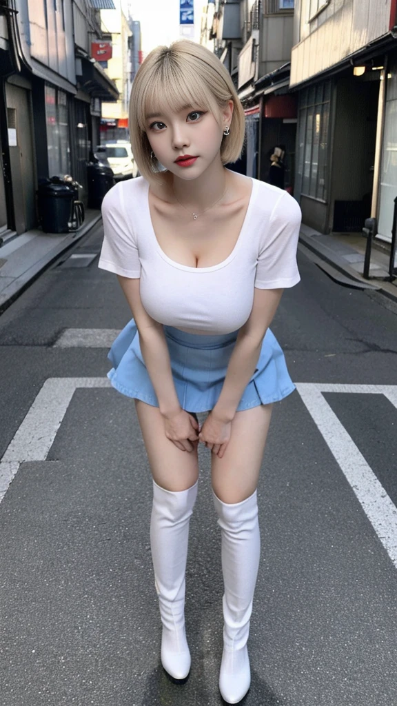 cyber punk, highest quality, masterpiece, shape, Realistic, photo-Realistic, wonderful, finely, Very detailed, High resolution, Very detailed, unity 8k wallpaper, Full body shot of a beautiful young woman with Korean-style features resembling a popular actress. White shirt, Frilled Skirt, Knee-high, (Very small breasts), thin, She has pink and bluish eyeshadow, bangs, blonde, short hair, head, and arms. Standing and looking at me, Tokyo, narrow street, Narrow eyes, 細長い目のshape, Three white eyes, Confident expression, Evil look, Very slender and beautiful legs, Beautiful and thin thighs, Earrings,
