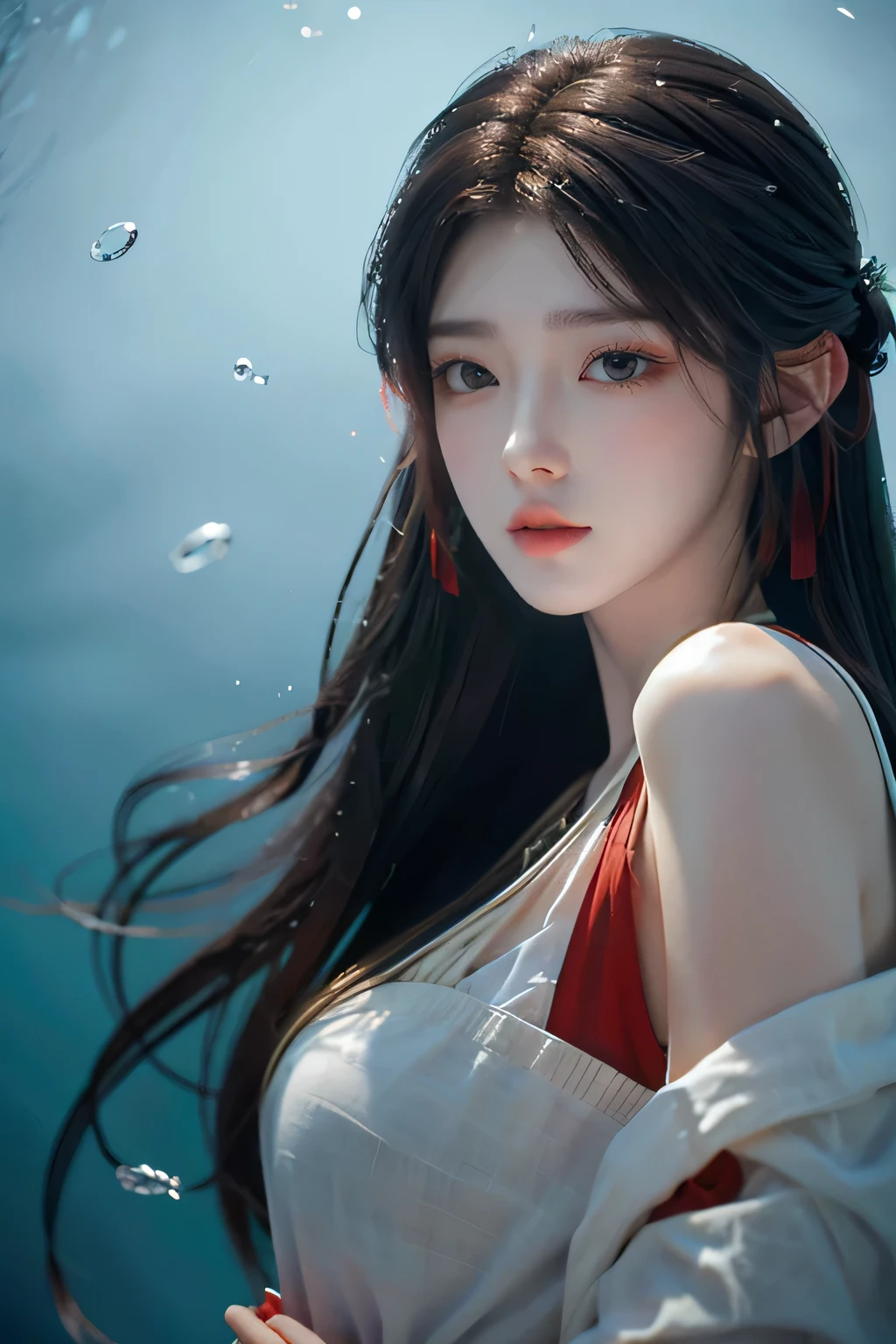 gufeng,bare shoulders,best quality，masterpiece，ultra high resolution，clear face,（Realism：1.4），RAW photos，cold light，Woman underwater，Full body image，wallpaper anime blue water，Gurwitz-style artwork，Close-up fantasy of water magic，author：Yang Jie，Gurwitz，A beautiful artistic illustration，Water Nymphs，Beautiful digital artwork，Beautiful digital illustration，Li Song，A beautiful anime portrait，Bovo&#39;s art style