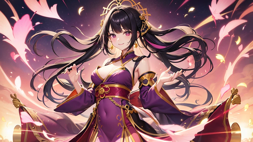 high quality、one person、whole body、woman、Beauty、20th Generation、Black Hair、Iriedium skin,beautiful fingers,beautiful hands,smile、Hanfu、dress、Pink clothes、Reddish-purple clothes、Golden decoration、gravure、sunshine、clavicle
