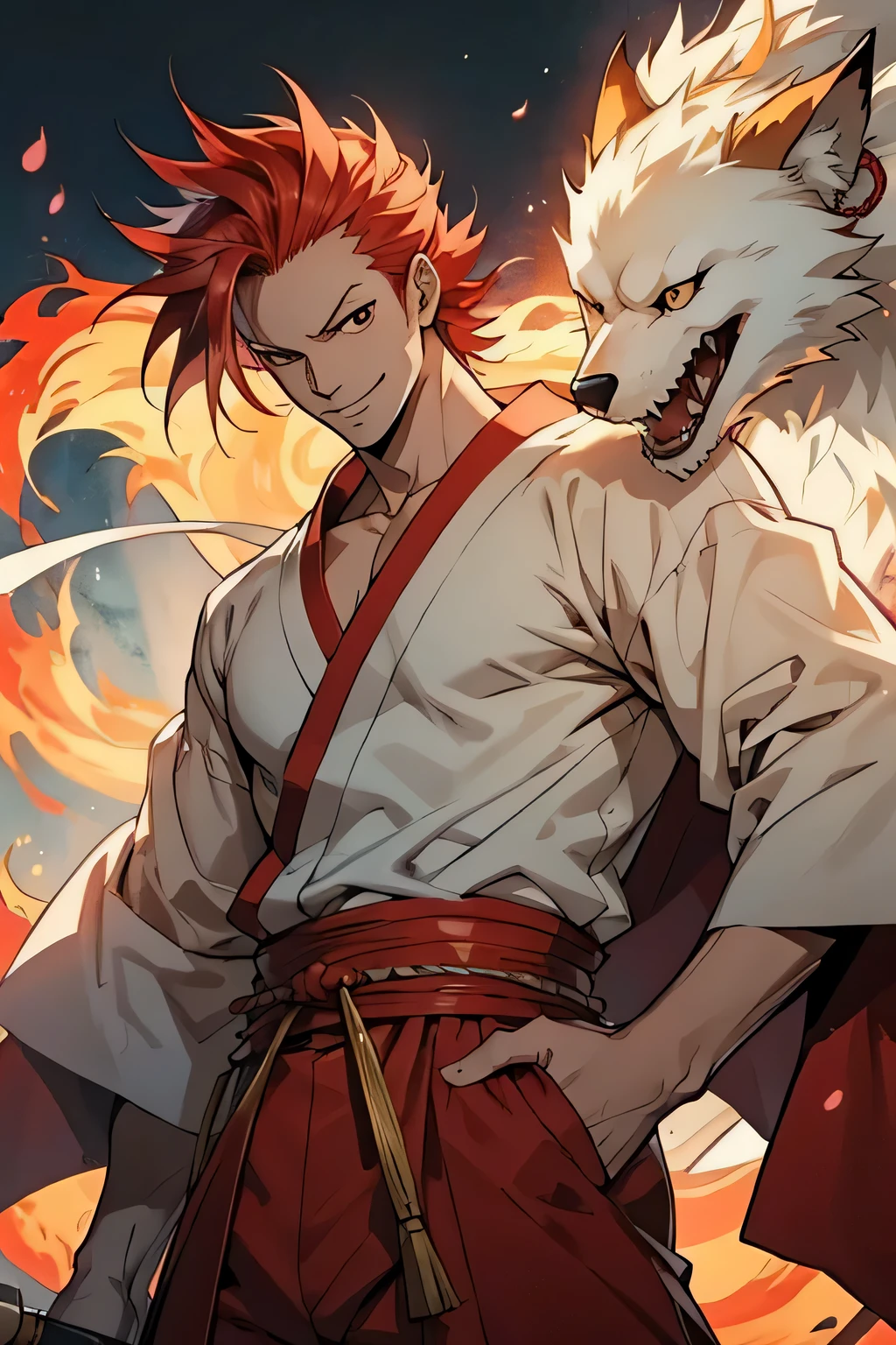 man, white skin, smile, strong, spiky red hair, anime style, ace style, Japanese temple, kitsune, one piece style
