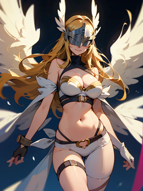 angewomon, 1girl, long hair, helmet, belt, blonde hair, breasts, solo, covered eyes, thigh strap, wings, asymmetrical clothes, shawl, angel wings, multiple wings, gloves, cleavage, navel, belt, bare shoulders, head wings, large breasts, winged helmet, hagoromo, high heels, armor, feathered wings, smile, cowboy shot, highly detailed, HD, 4K, Masterpiece, highres