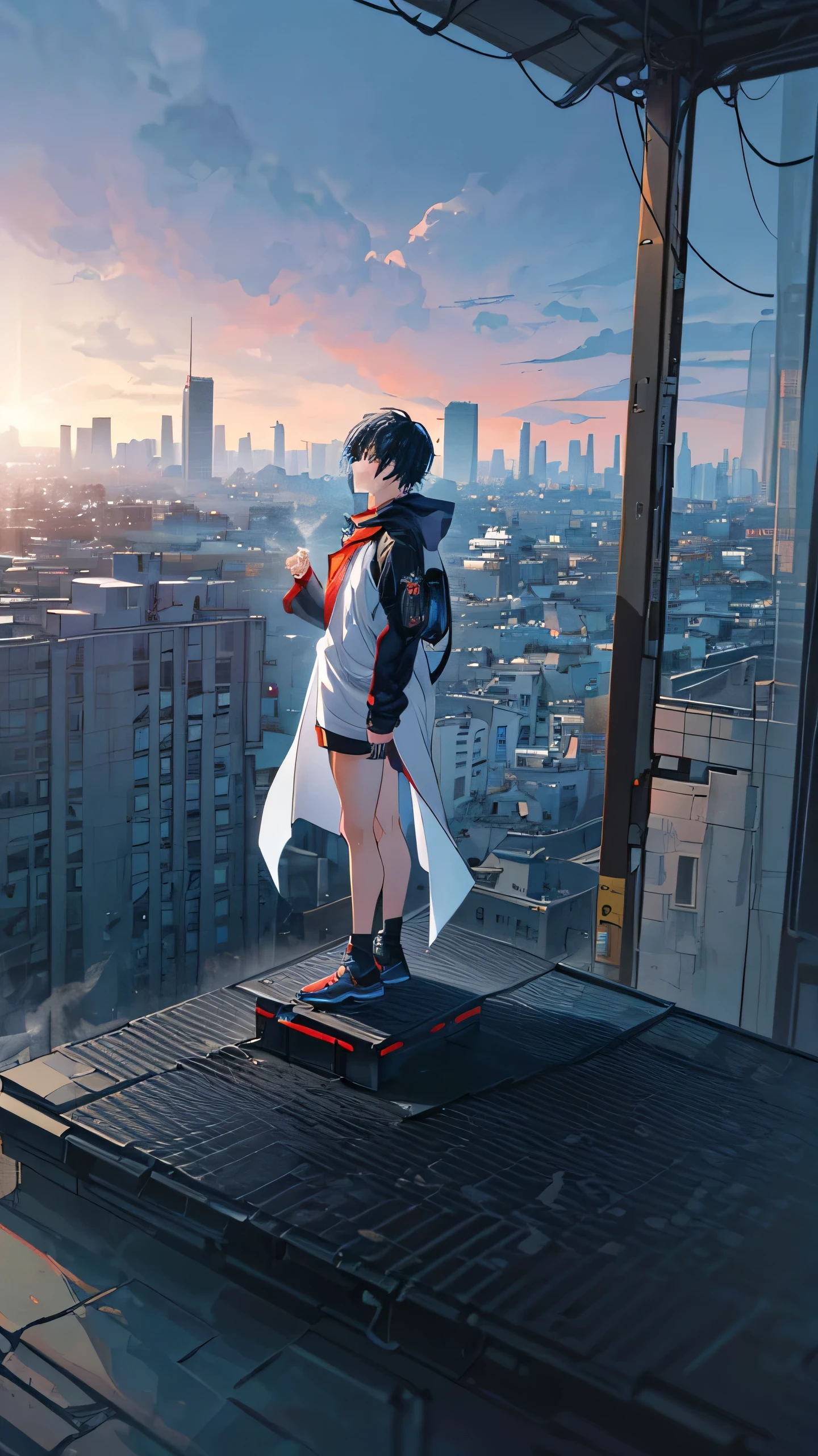 ((wide shot, full body, highly creative and harmonious to look at:1.6)),((Art, full body detailed anime: 1.6)), ((a man standing on the roof OF THE TALLER BUILDING: 1.7)) , ((of a tall building Young boy anime style character vector illustration design. anime manga boy: 1.7)) , very colorful, high image quality: 1.3, appearance, 8k, full frame matrix, deep shadows, ((one character)), (intricate details, subsurface scattering, hyper-detailed: 1.15), (volumetric lighting, sharpness: 1.5) hyper-detailed, vibrant, well-defined highlights and shadows)). beautiful colors of sunrise: 1.6, no text: 1.3. 32k.