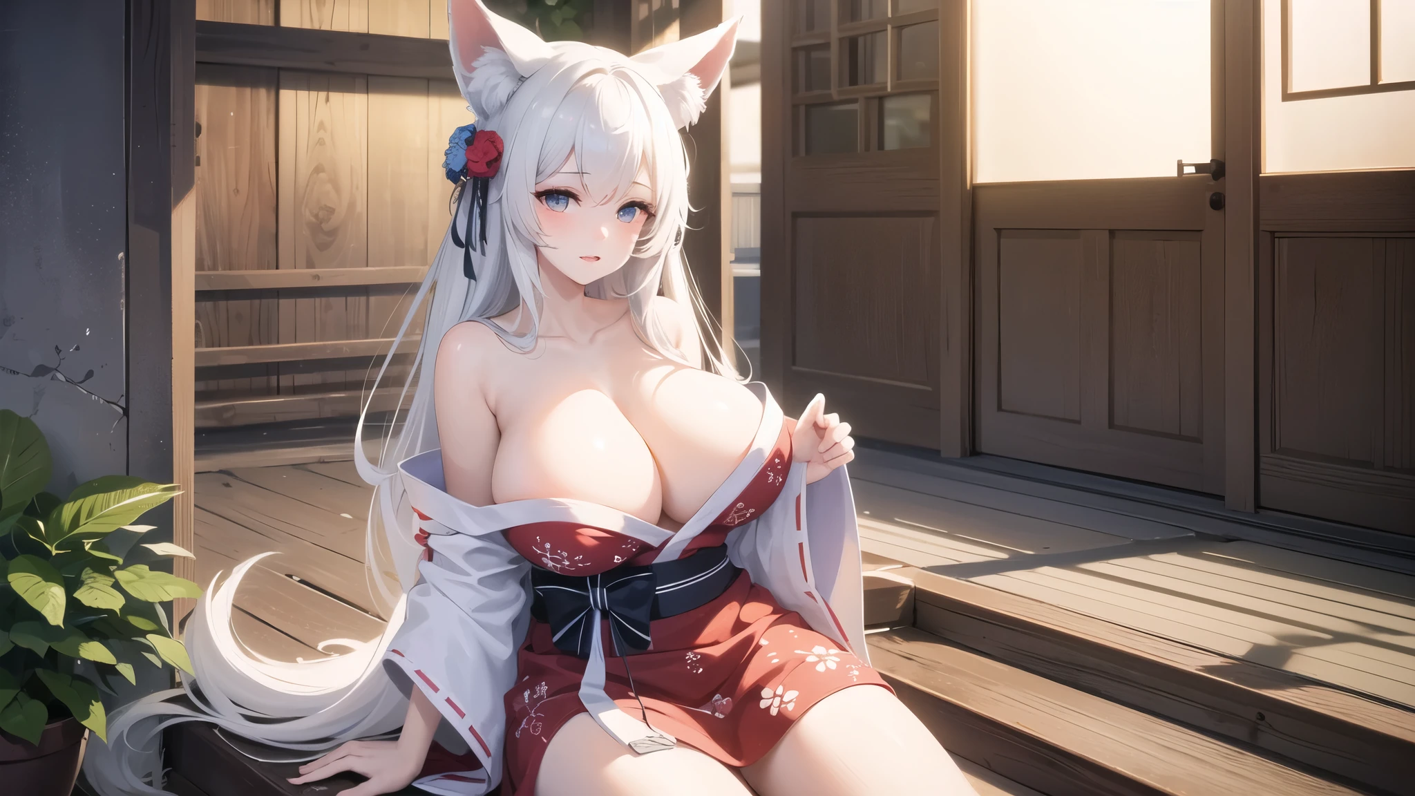 (((masterpiece, best quality))), (((superior quality))), cute girl, ((extremely detailed girl)), ((huge breasts)), fox ear, yukata, (bare shoulders), strapless top, random expression