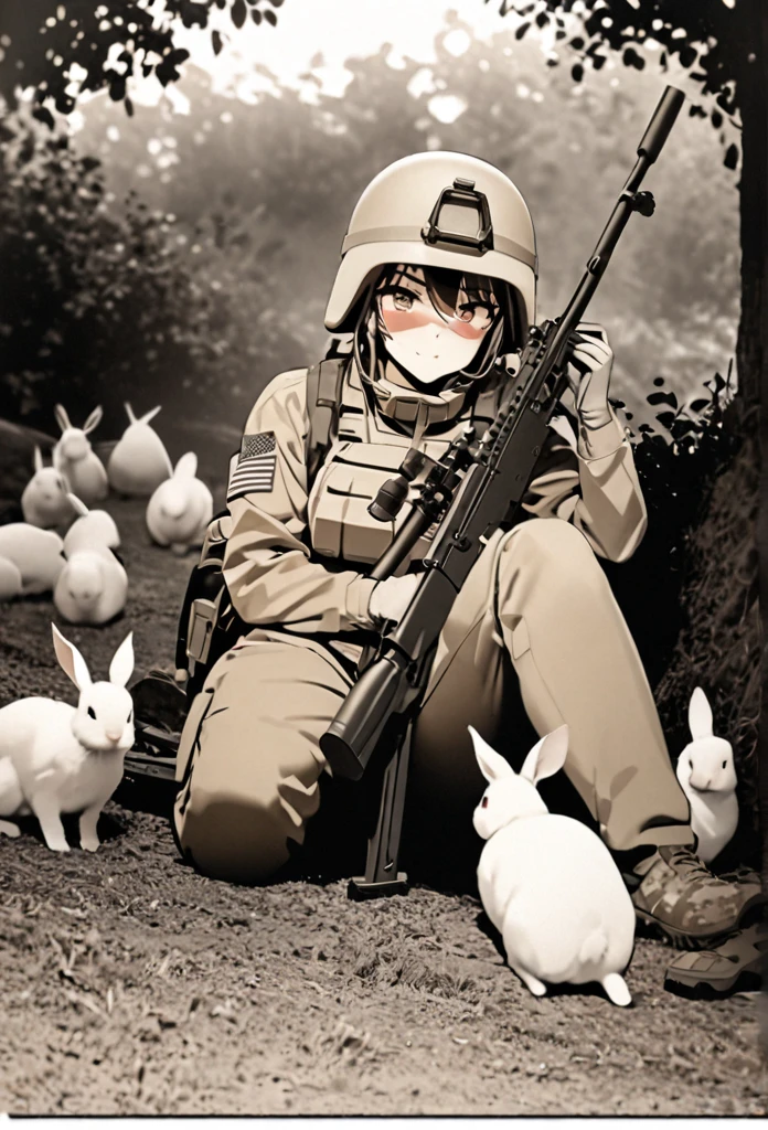 High quality, high definition, high precision images,8k Full HD.1 girl.America,army Modern soldier,Hide in the bushes and assume a sniper position,sniper rifle,Put on a helmet,(camouflage) (Lying on the ground).(Full face camouflage makeup),Covering the body in a giri suit.A flock of rabbits