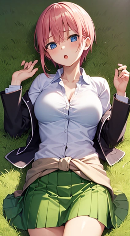 2d, masterpiece, best quality, anime, highly detailed, 1girl, solo, cowboy shot, nakano ichika, pink hair, short hair, cardigan around waist, lying down on grass, :o, hands on chest, collared shirt, green skirt, miniskirt, medium breasts, school, outdoors, medium claverage, unbuttoned shirt