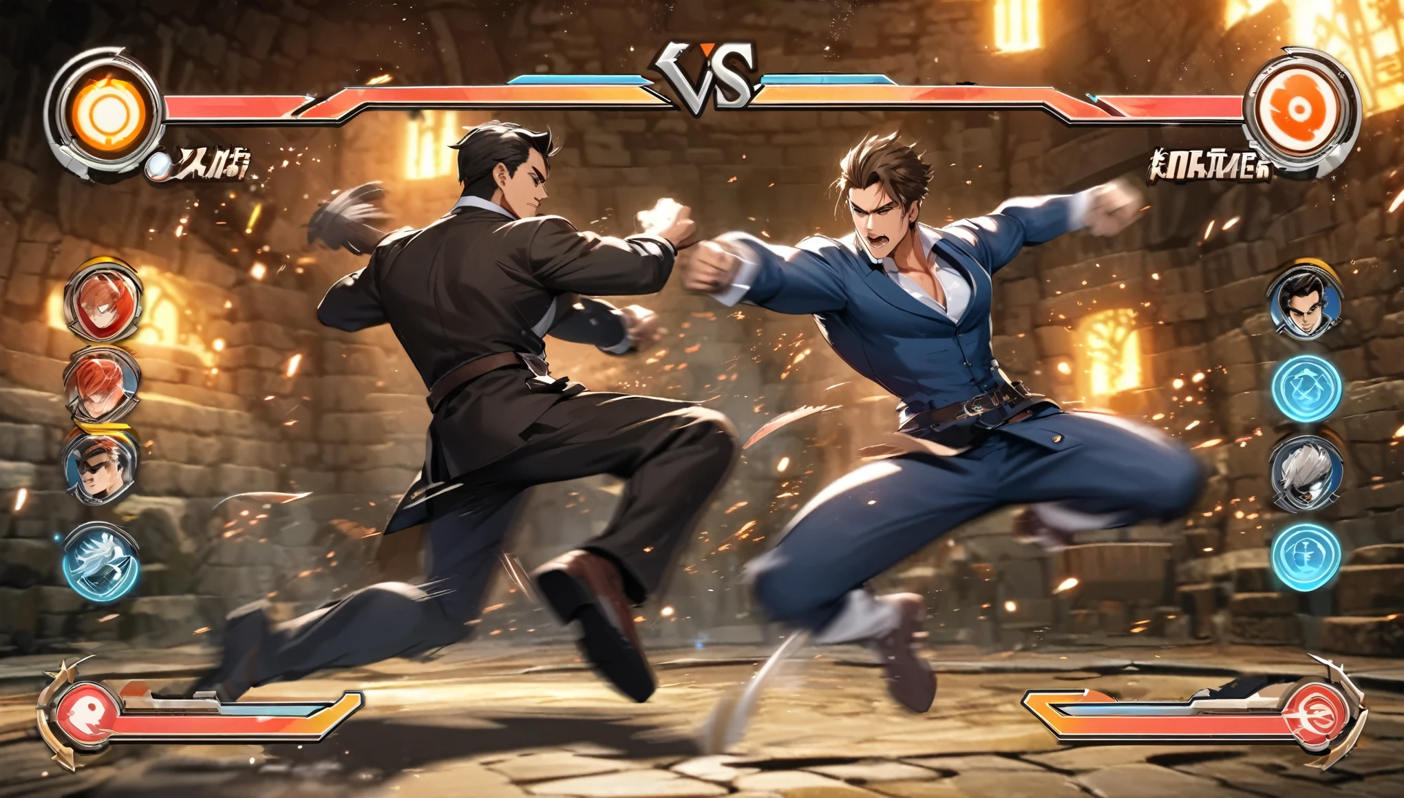 highres, absurdres, perfect anatomy(super handsome 2boys, pair)detailed background, User Interface of Fighting game, dungeon, jumping, punch, kick, full body, sound effects, motion blur, “VS”