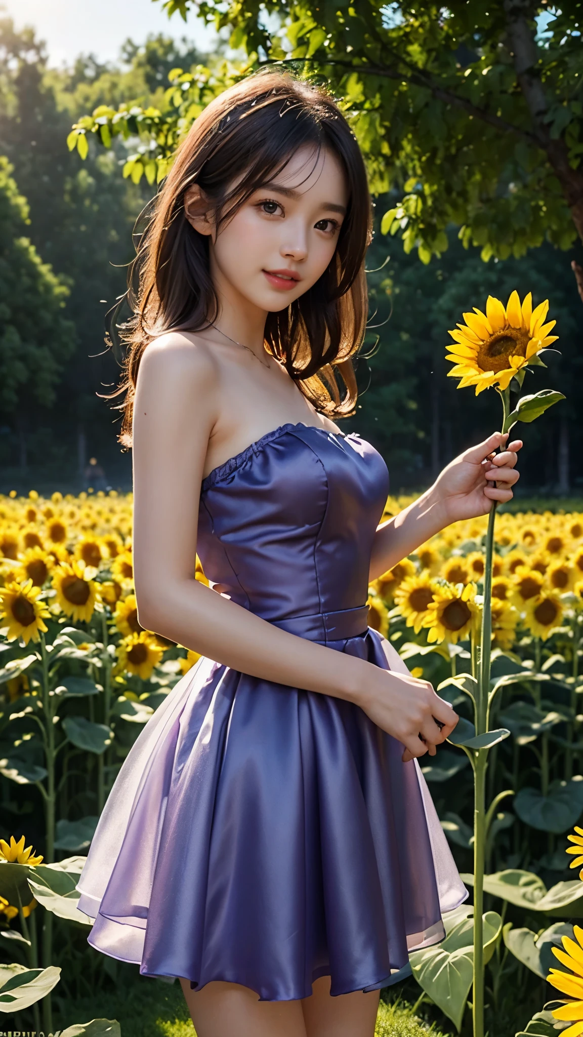 20 years beautiful Girl, korean Girl, 64K, (masterpiece: 1.4), ((Silk Blend Liquid Look Satin purple organza Strapless Dress)), nature background, beautiful smile, (smile: 1.2), detailed background, detailed dress, ultra HD image quality, ((standing in middle of sun flower plants fields)), Running water pump, Many sun flower plants, many flowers, every where sun flower plants, sunflowers bunch in hand, CG unity 8k wallpaper, perfect figure, Young Girl, Beautiful Nature, High resolution Dress Quality, high resolution Face, Hd, Ultra HD, ((Realistic:1.2)), Ultra Realistic, Young Round breasts, Tempting Figure, Very Soft skin, Very Cute face, worlds most beautiful girl, Detailed Dress, Detailed face, Detailed body, Detailed hair, Detailed Background, Award-winning Photography, ((Ray Tracing: 1.2)), Morning wether, foggy weather, cool morning, 