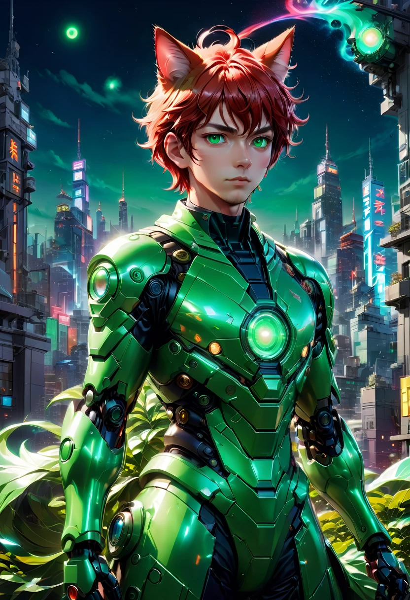 1boy,Person Standing on the Rooftop,aesthetic,Person Standing on the Rooftop and Rookwood Studios Studio 2010 Anime Series, square enix anime decora green colored theme, robotech styling with red accents and a white cat on the left, artwork by Studio Ghibli, Makoto Shinkai, Artgerm, Shinkai America, Portra 400, catboy 6 0 s, anime masterpiece, art by artgerm and greg rutkowski and alphonse mucha, high detail, volumetric lighting, 8k