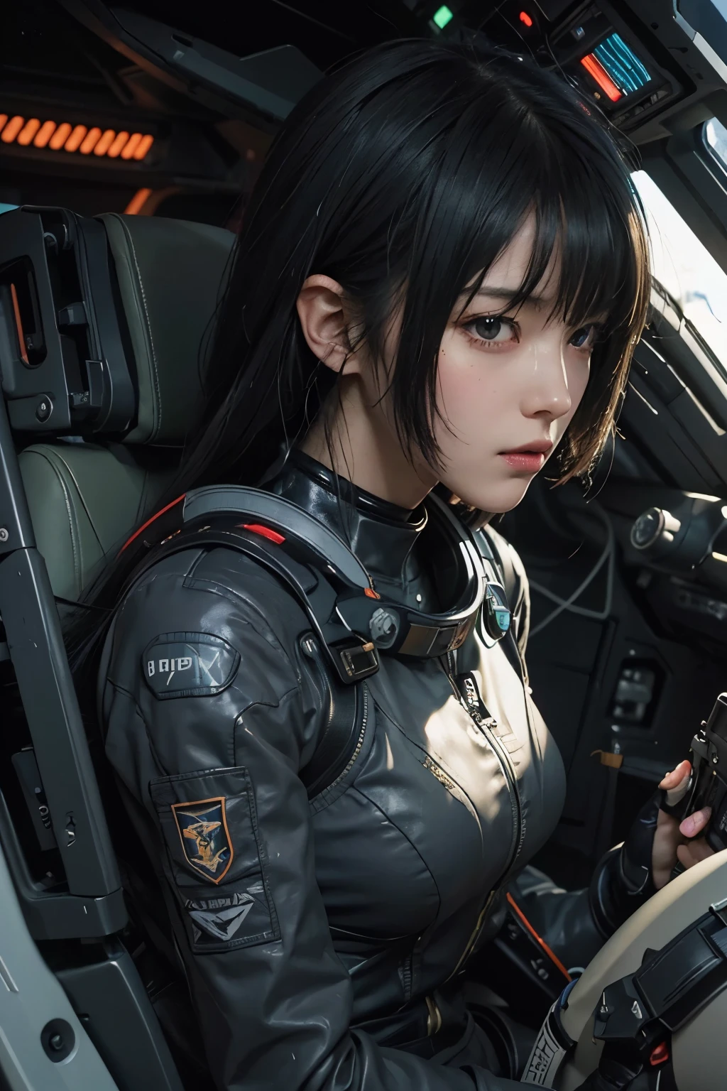 Sitting in the cockpit of a spaceship、Anime girl with a gun in her hand, Portrait Anime Astronaut Girl, Detailed digital anime art, Cyberpunk girl with jet black hair, Detailed sci-fi art, high detailed Official artwork, makoto shinkai ( Apex Legends ), Detailed Anime Character Art, door gunner, by Yoshihiko Wada, Photo of a-1, Official artwork
