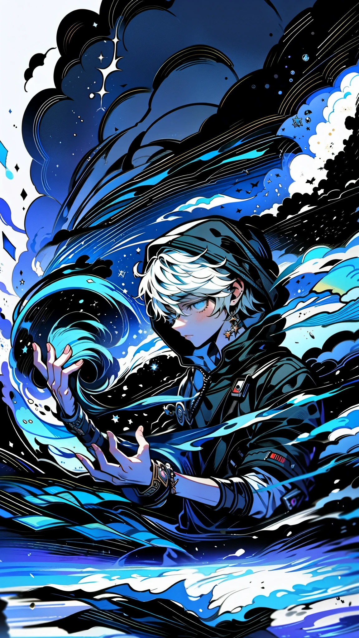 A movie scene featuring an illustration of an adolescent in an army and brown djinn outfit, conjuring a swirling storm with his hands amidst a barren desert landscape. Inspired by Makoto Shinkai's anime style, emphasizing sand particles, dynamic wind effects, and glowing eyes. fantasy world, dark background, clean design, epic, artstation, colorful paint splatter, silhouette, hyper detailed intricate details, unreal engine, fantasy, splash screen, complementary colors, deviantart masterpiece, oil painting, heavy strokes, paint dripping, indifferent expression