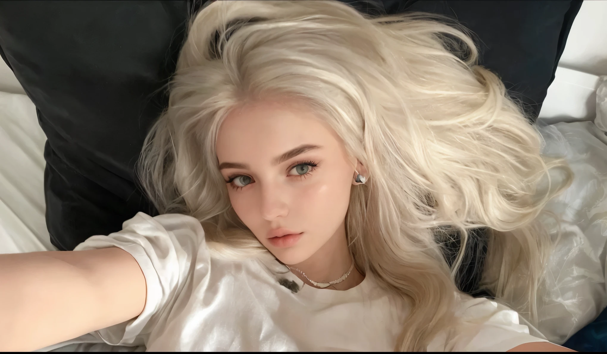mulher loira com cabelos longos, Lying in bed with white sheets, perfect cabelos brancos girl, ava max, her hair is white, retrato de Kim Petras, cabelo claro, cabelo loiro extremamente claro, com cabelo branco, cabelo loiro muito claro, Kailee Mandel, lindo cabelo branco, branco - cabelo loiro, cabelos brancos, rosto bonito de cabelo branco