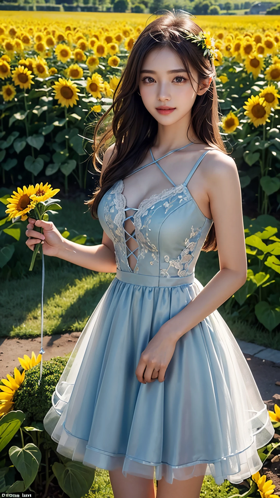 20 years beautiful Girl, korean Girl, 64K, (masterpiece: 1.4), ((Elegant Light Blue Lace Up A-line Tulle Homecoming Dress)), nature background, beautiful smile, (smile: 1.2), detailed background, detailed dress, ultra HD image quality, ((standing in middle of sun flower plants fields)), Running water pump, Many sun flower plants, many flowers, every where sun flower plants, sunflowers bunch in hand, CG unity 8k wallpaper, perfect figure, Young Girl, Beautiful Nature, High resolution Dress Quality, high resolution Face, Hd, Ultra HD, ((Realistic:1.2)), Ultra Realistic, Young Round breasts, Tempting Figure, Very Soft skin, Very Cute face, worlds most beautiful girl, Detailed Dress, Detailed face, Detailed body, Detailed hair, Detailed Background, Award-winning Photography, ((Ray Tracing: 1.2)), Morning wether, birds flying , cool morning, eyes was too sharp and romantic looks to camera , ((bright skin)), ((high enhanced skin))