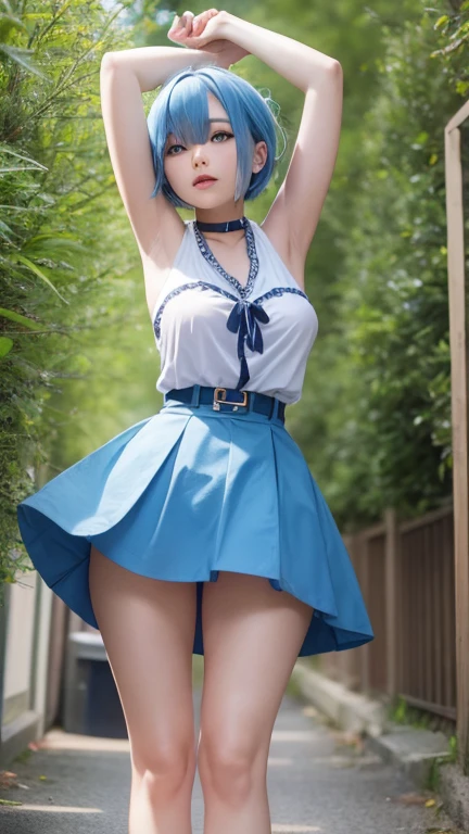 (masterpiece, highest quality:1.2), One Girl, alone,blonde、Upper body naked、Mid-chest、Black Knee High、Blue Hair、Nipple erection、Raise your hands and fold them behind your back、Drooling from the mouth、Half naked、Stand up and lift your legs、squint、Optical illusion、detailed、stand up、Standing on one leg、Lift your legs、whole body、whole、Lift your legs straight up、Put one foot on the ground、Blue Hair, Againm \(Again:zero\), [smile], blush, city,, masterpiece, highest quality, Perfect lighting, One girl, skirt, medium bAgainasts, masterpiece, Highest_quality, 1 person, solo, Hips, Big Ass, From the back, Light blue hair、Short hair、blue eyes、Againmu(Again:zero)、Drooling from the mouth、Open your mouth、Sticking out tongue