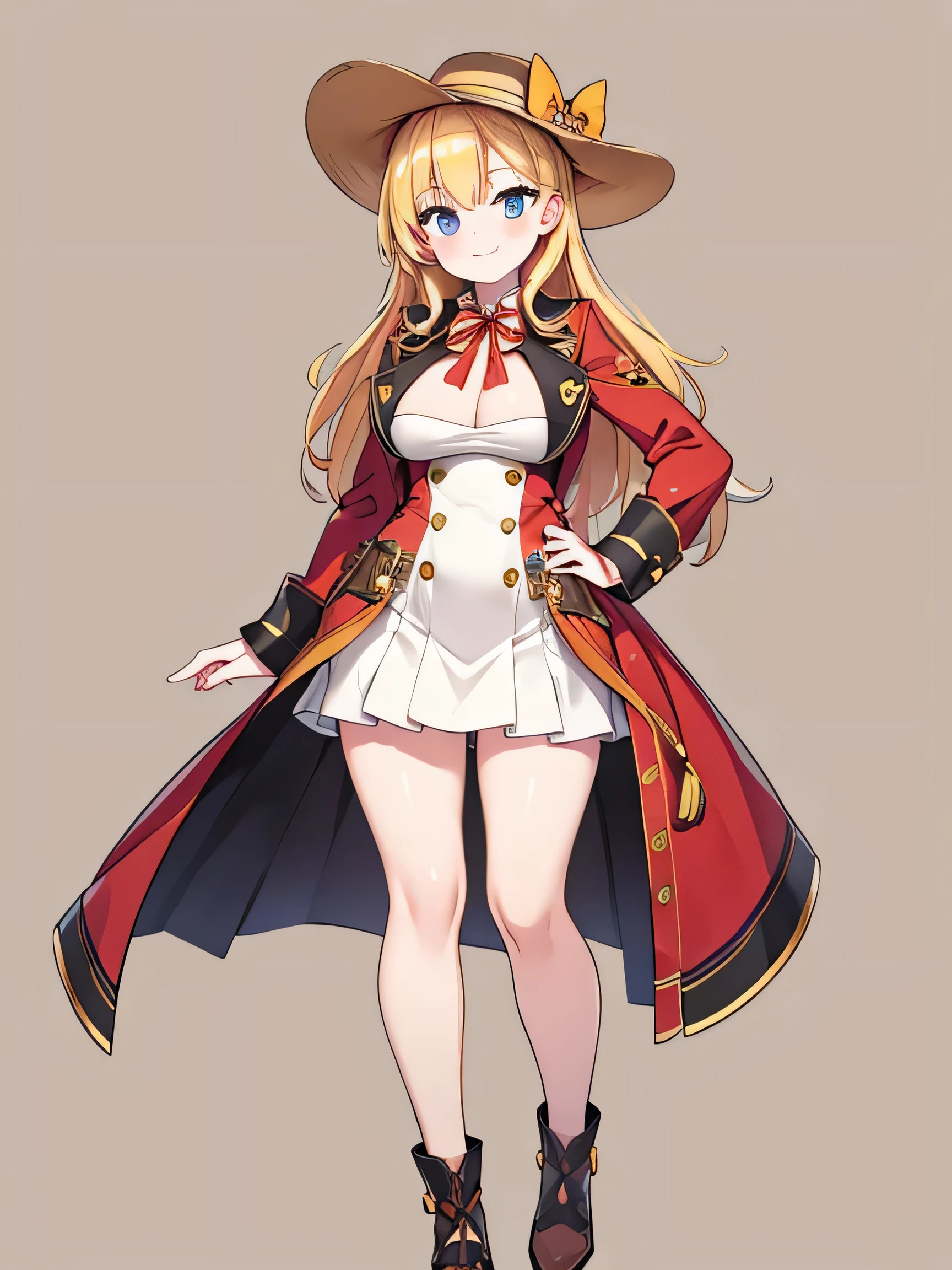 masterpiece,best quality,Beautiful detailed,vivid colors,naughty smile,treasure hunter girl,Indy Jones outfit, gold hair,big breast,beauty hip line,pale white skin,curve,full body,beautiful legs,standing,ten gallon hat,has a binoculars,orange ribbon by chest,brown frill one piece dress,(desert background),