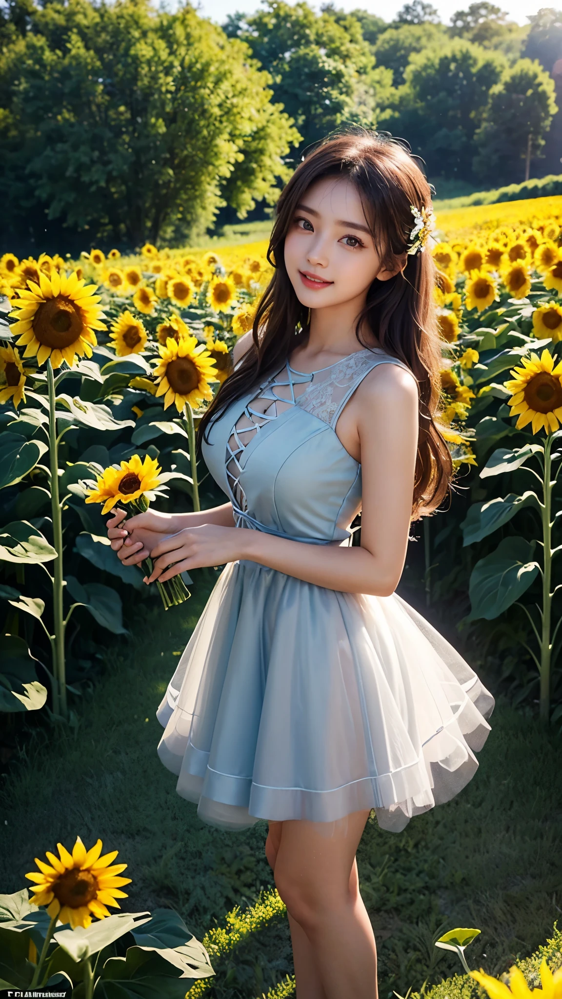 20 years beautiful Girl, korean Girl, 64K, (masterpiece: 1.4), ((Elegant Light Blue Lace Up A-line Tulle Homecoming Dress)), nature background, beautiful smile, (smile: 1.2), detailed background, detailed dress, ultra HD image quality, ((standing in middle of sun flower plants fields)), Running water pump, Many sun flower plants, many flowers, every where sun flower plants, sunflowers bunch in hand, CG unity 8k wallpaper, perfect figure, Young Girl, Beautiful Nature, High resolution Dress Quality, high resolution Face, Hd, Ultra HD, ((Realistic:1.2)), Ultra Realistic, Young Round breasts, Tempting Figure, Very Soft skin, Very Cute face, worlds most beautiful girl, Detailed Dress, Detailed face, Detailed body, Detailed hair, Detailed Background, Award-winning Photography, ((Ray Tracing: 1.2)), Morning wether, birds flying , cool morning, eyes was too sharp and romantic looks to camera , ((bright skin)), ((high enhanced skin))