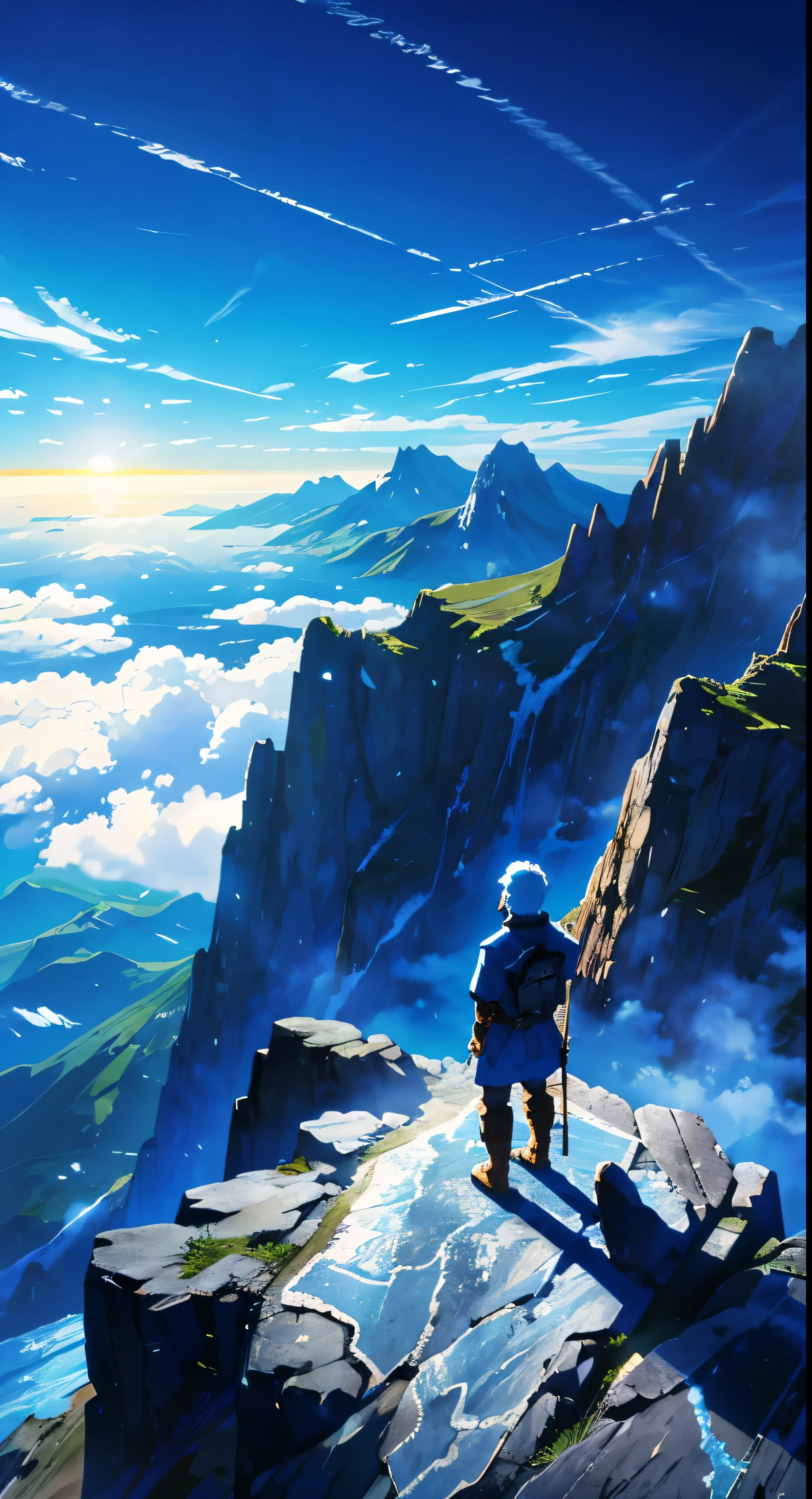 Lone warrior on the mountaintop, View the vast sea of clouds(Bright and clear blue sky)