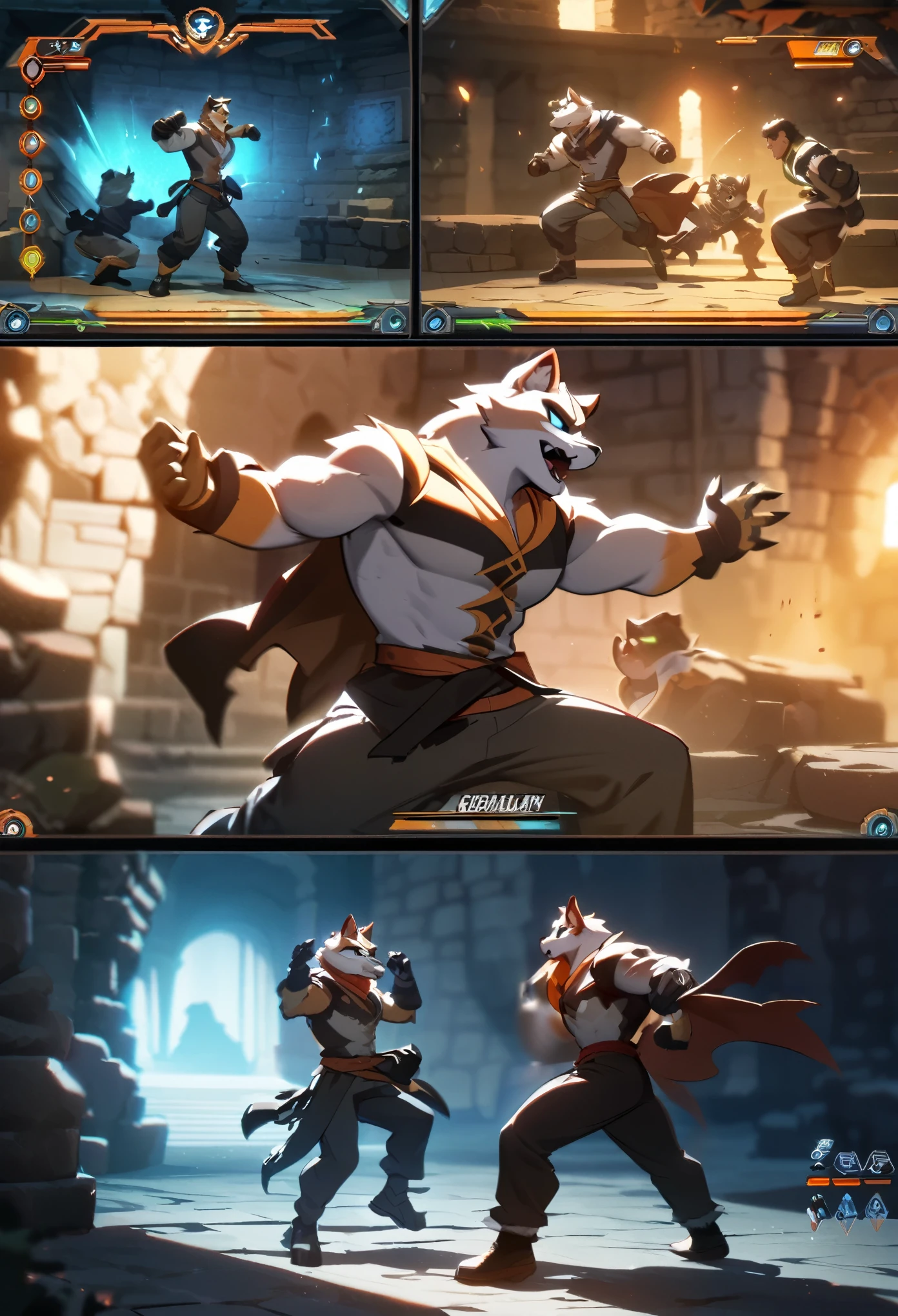 highres, absurdres(highly detailed beautiful face and eyes)perfect anatomy(kemono, furry anthro)(super handsome 2boys, pair)good lighting, cinematic shadow, detailed background, User Interface of Fighting game, dungeon, Crisis, assorted poses, assorted expression, full body, sound effects, motion blur, from side,