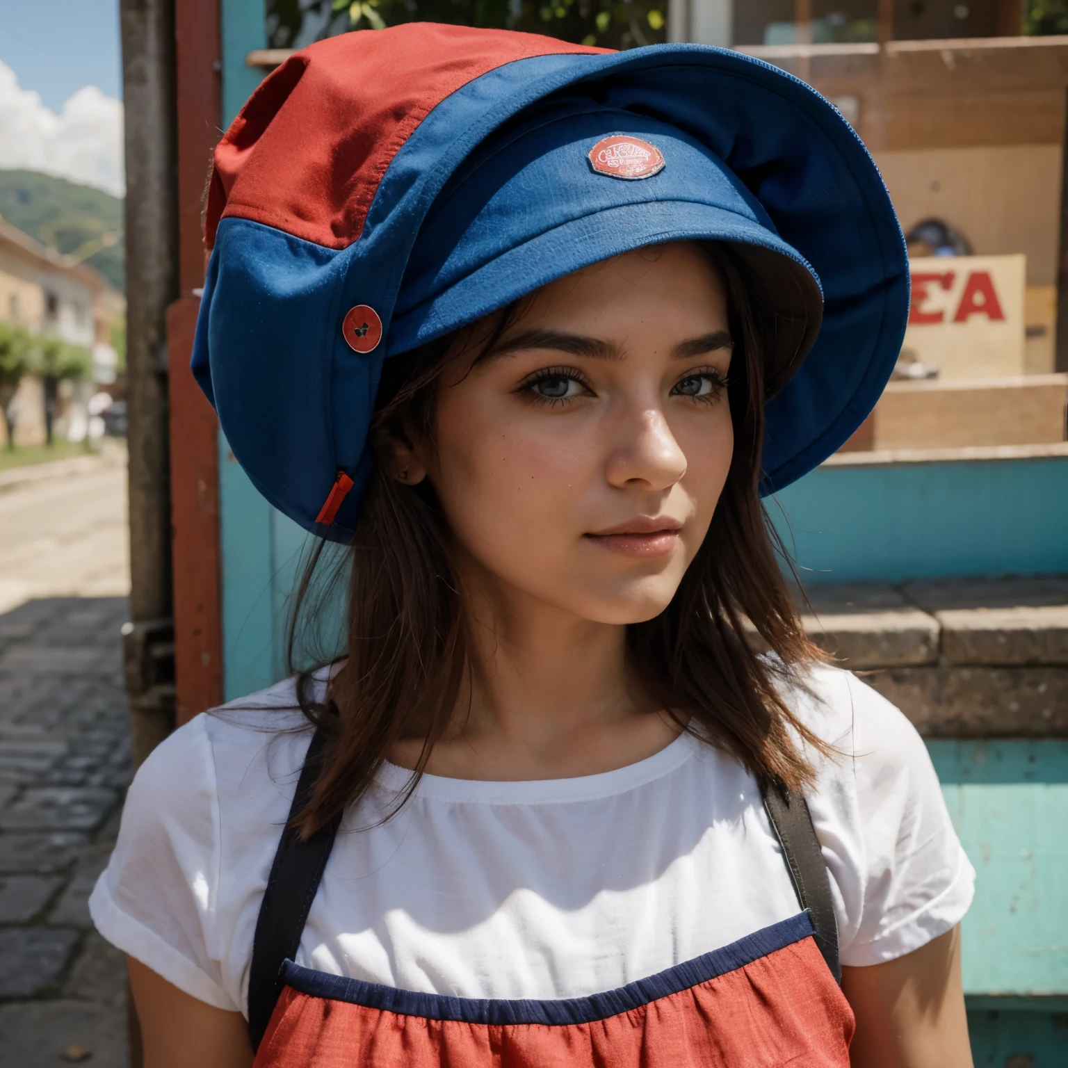 Postal que contenga foto de pata daisy usando casco rojo de siso y vestida con overol azul