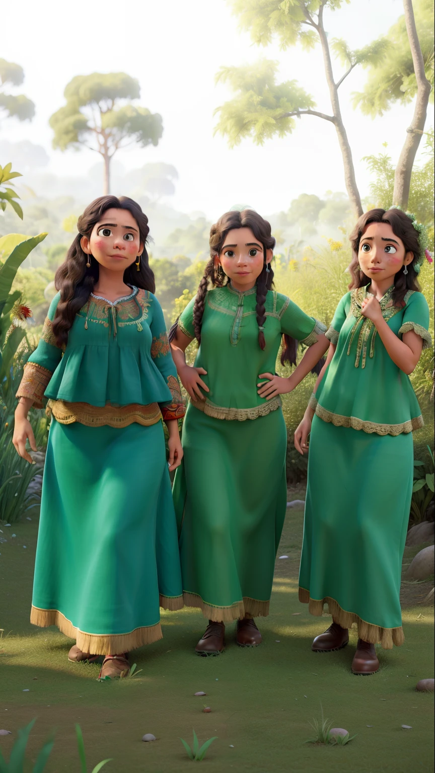 tres chicas con vestidos verdes paradas en un campo, indigenas, traje tradicional, vistiendo ropa verde, chicas hermosas
