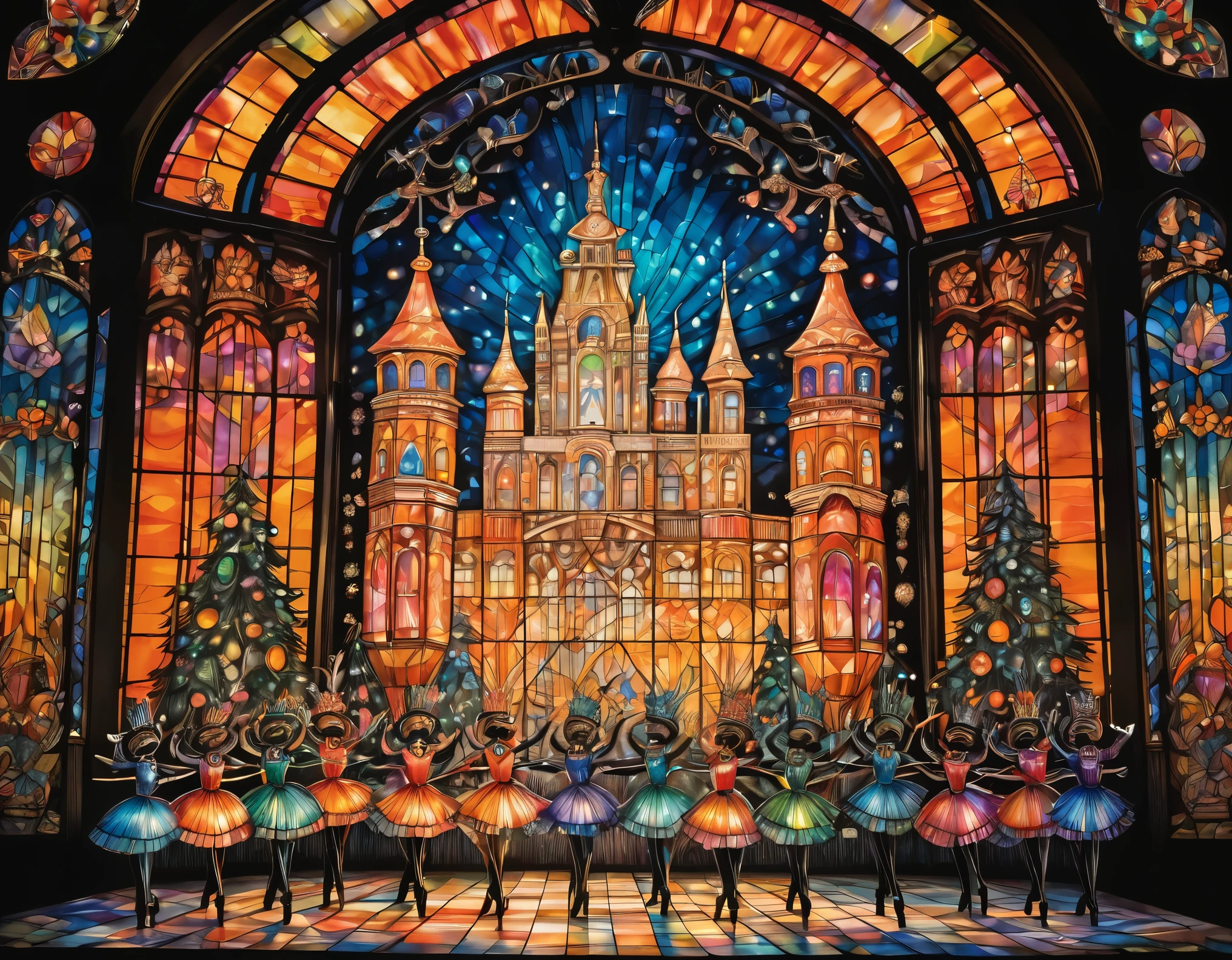 best quality, super fine, 16k, incredibly absurdres, extremely detailed, dramatic drawing of the Nutcracker, the characters are monochrome black shadow puppets, the background is iridescent colorful jewels and stained glass, orange-tinged lighting