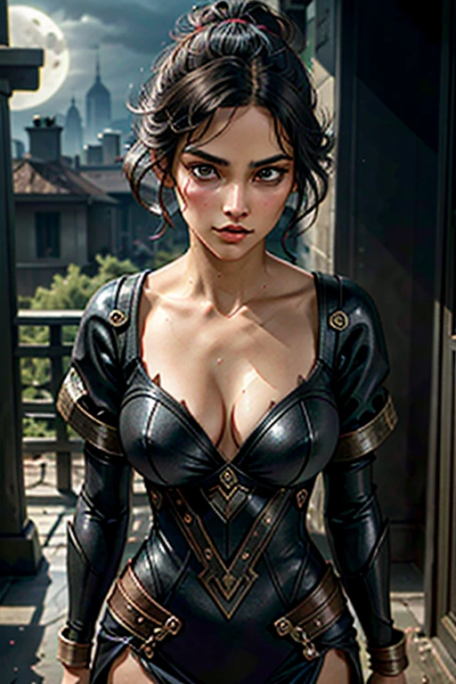 (((Luxurious shoulder length dark hair and sexy smirk.))) (((18 years old.))) (((18yo.))) (((Cute smirk.))) (((Single character image.))) (((1girl))) Generate a character for a fantasy setting.  This is a female character who looks like a medieval fantasy setting character.  She looks like an ad adventurer for a fantasy setting plagued by pirates.  She looks like an NPC ally.  She looks like a tough and capable character. Background is dark and eerie.  She looks like Chloe Vevrier as a fantasy adventurer. She is sexy and confident.  best quality:1.0,hyperealistic:1.0,photorealistic:1.0,madly detailed CG unity 8k wallpaper:1.0,masterpiece:1.3,madly detailed photo:1.2, hyper-realistic lifelike texture:1.4, picture-perfect:1.0,8k, HQ,best quality:1.0, best quality:1.0,hyperealistic:1.0,photorealistic:1.0,madly detailed CG unity 8k wallpaper:1.0,masterpiece:1.3,madly detailed photo:1.2, hyper-realistic lifelike texture:1.4, picture-perfect:1.0,8k, HQ,best quality:1.0, 