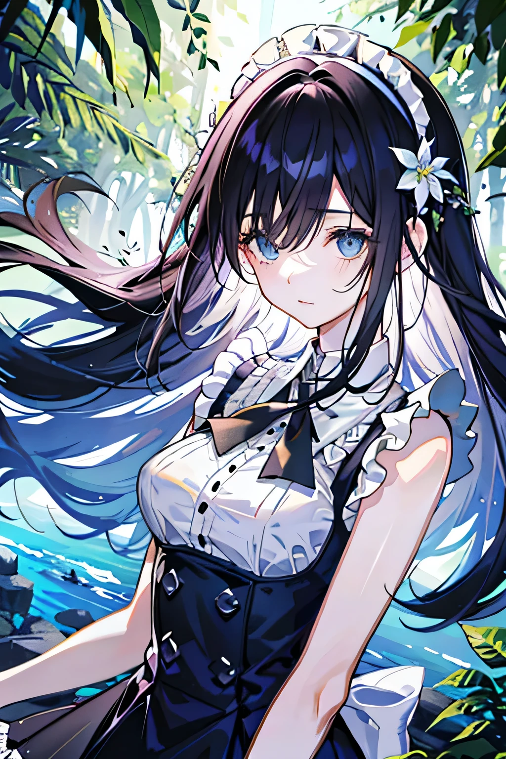(highest quality, Detailed Background, High resolution, Absurd, bloom, disheveled hair, shiny hair, Exposed to lighting, Bright Eyes, Dedicated detailed eyes), One girl, earphone, long hair, black hair, big_chest, Put your arms behind your back, Daytime, Outdoor, forest, water, stream, hair_ornament, (hair over one eye), Upper Body, Portraiture, Wearing a maid outfit
