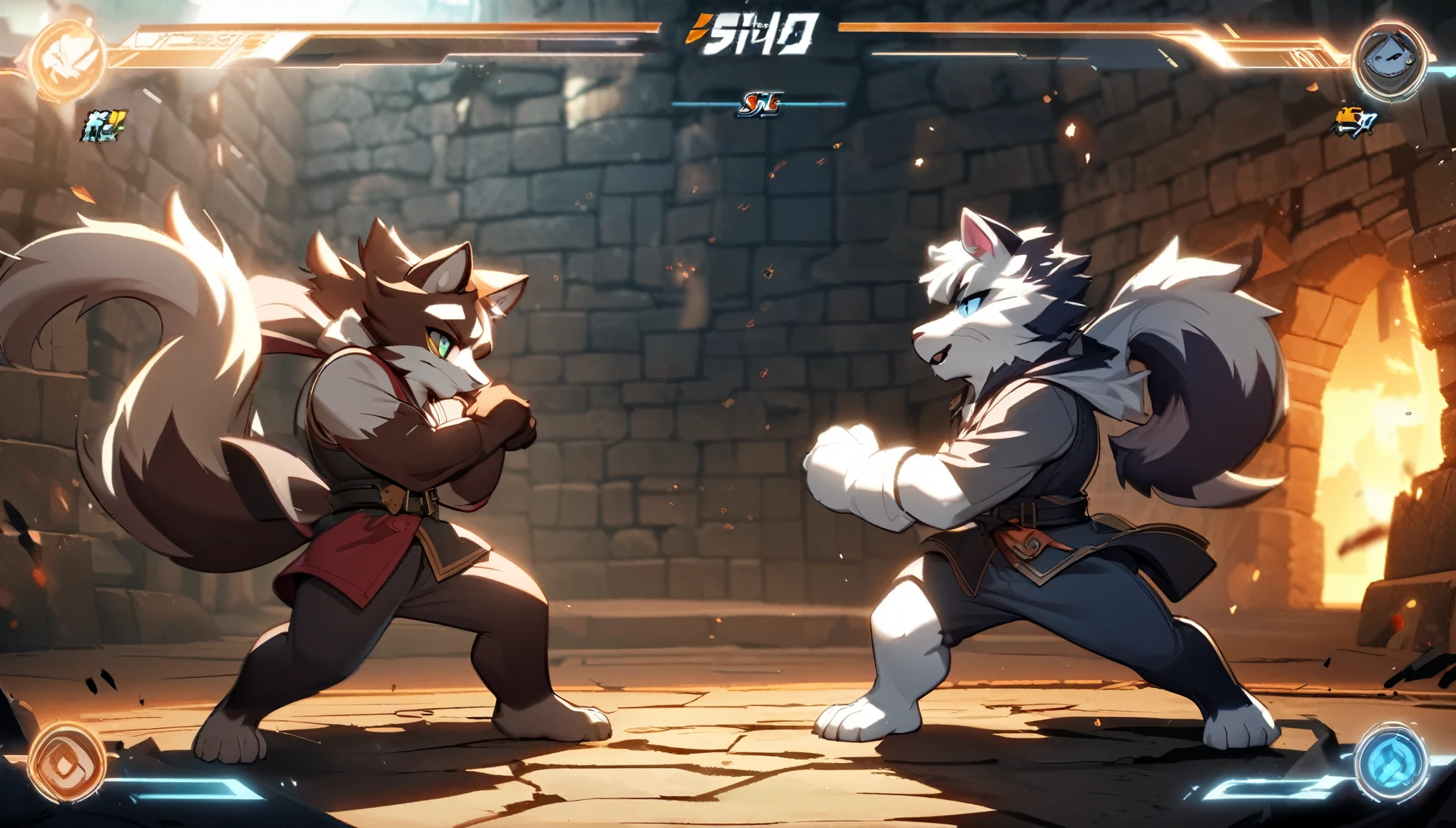 highres, absurdres(highly detailed beautiful face and eyes)perfect anatomy(kemono, furry anthro)(super handsome 2boys, pair)good lighting, cinematic shadow, detailed background, User Interface of Fighting game, dungeon, Crisis, assorted poses, assorted expression, full body, sound effects, motion blur, from side,
