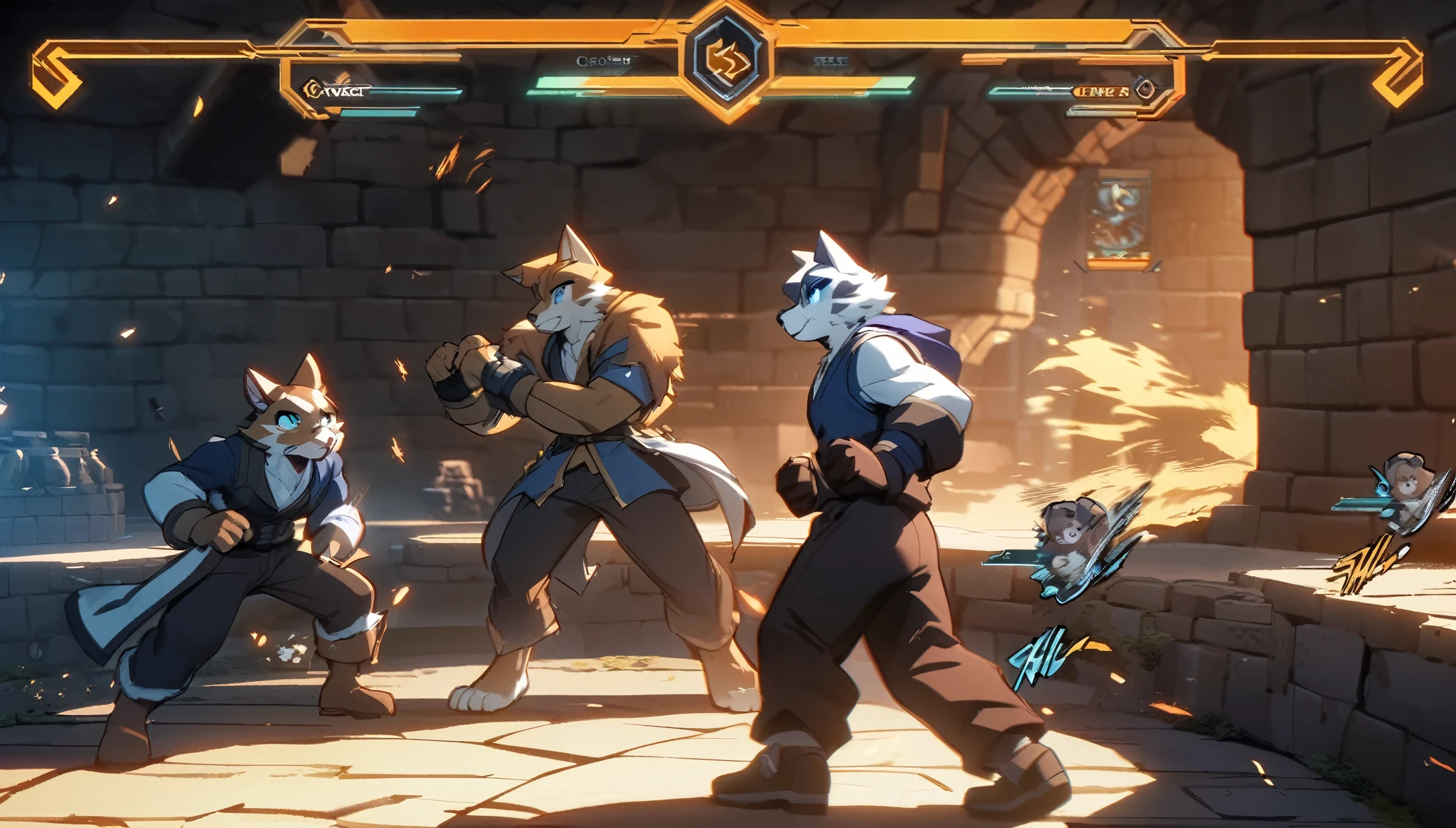 highres, absurdres(highly detailed beautiful face and eyes)perfect anatomy(kemono, furry anthro)(super handsome 2boys, pair)good lighting, cinematic shadow, detailed background, User Interface of Fighting game, dungeon, Crisis, assorted poses, assorted expression, full body, sound effects, motion blur, from side,