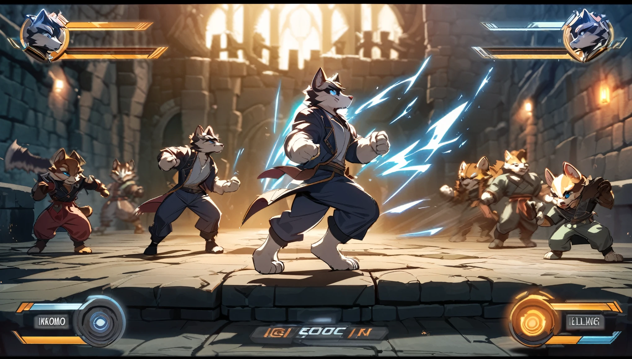 highres, absurdres(highly detailed beautiful face and eyes)perfect anatomy(kemono, furry anthro)(super handsome 2boys, pair)good lighting, cinematic shadow, detailed background, User Interface of Fighting game, dungeon, Crisis, assorted poses, assorted expression, full body, sound effects, motion blur, from side,